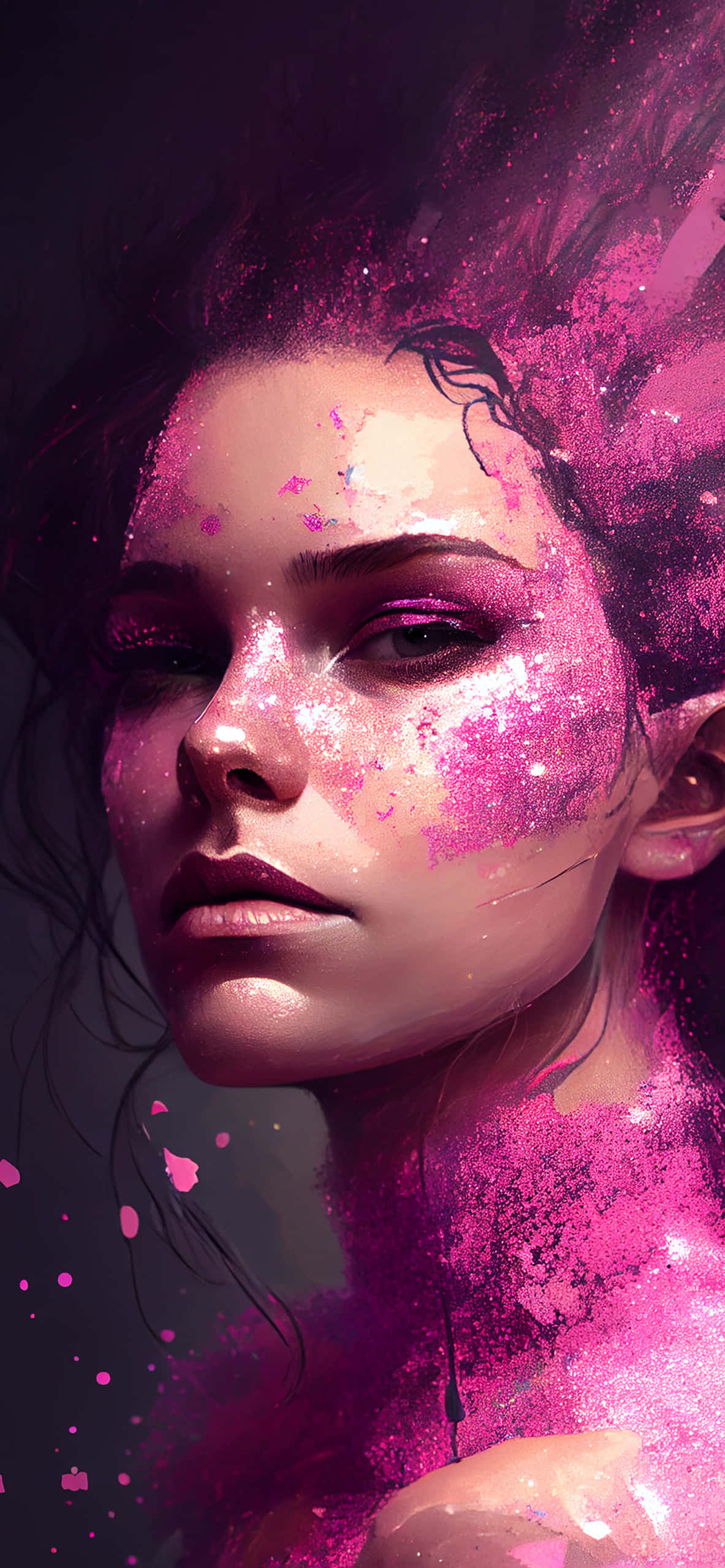 glittering purple dream portrait, dark hair, glowing pink glitter, 2K Phone Wallpaper