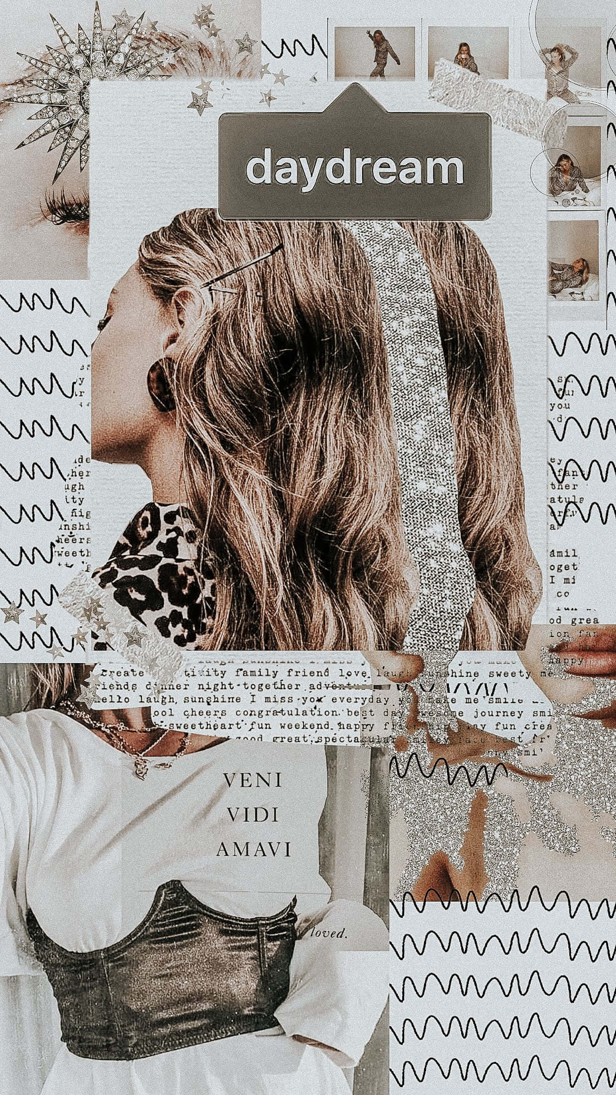 glittery daydream collage, woman in profile, glittery hair accessories, Full HD Phone Wallpaper