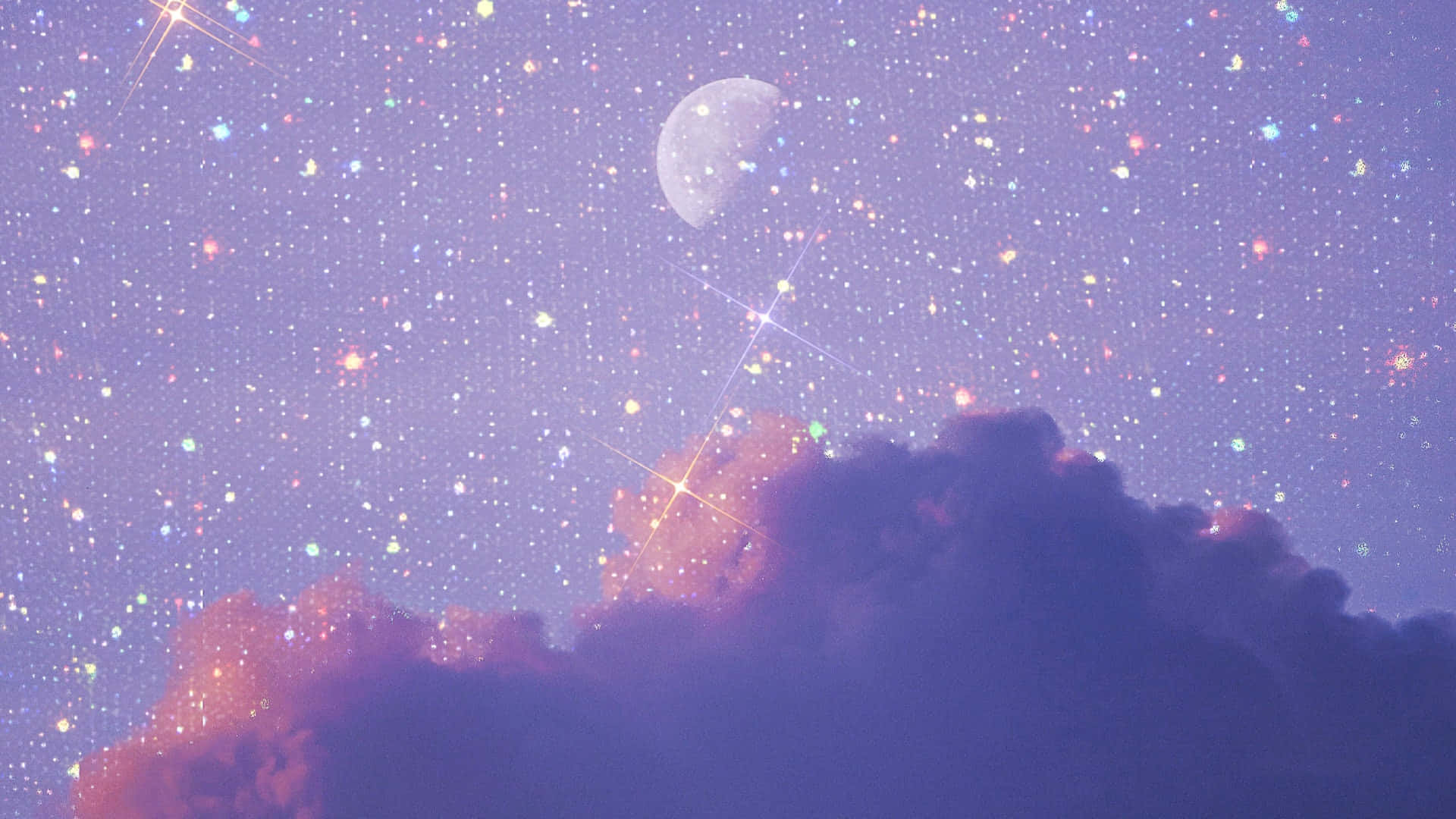 glittery night sky, crescent moon, multicolored stars, Full HD Desktop Wallpaper