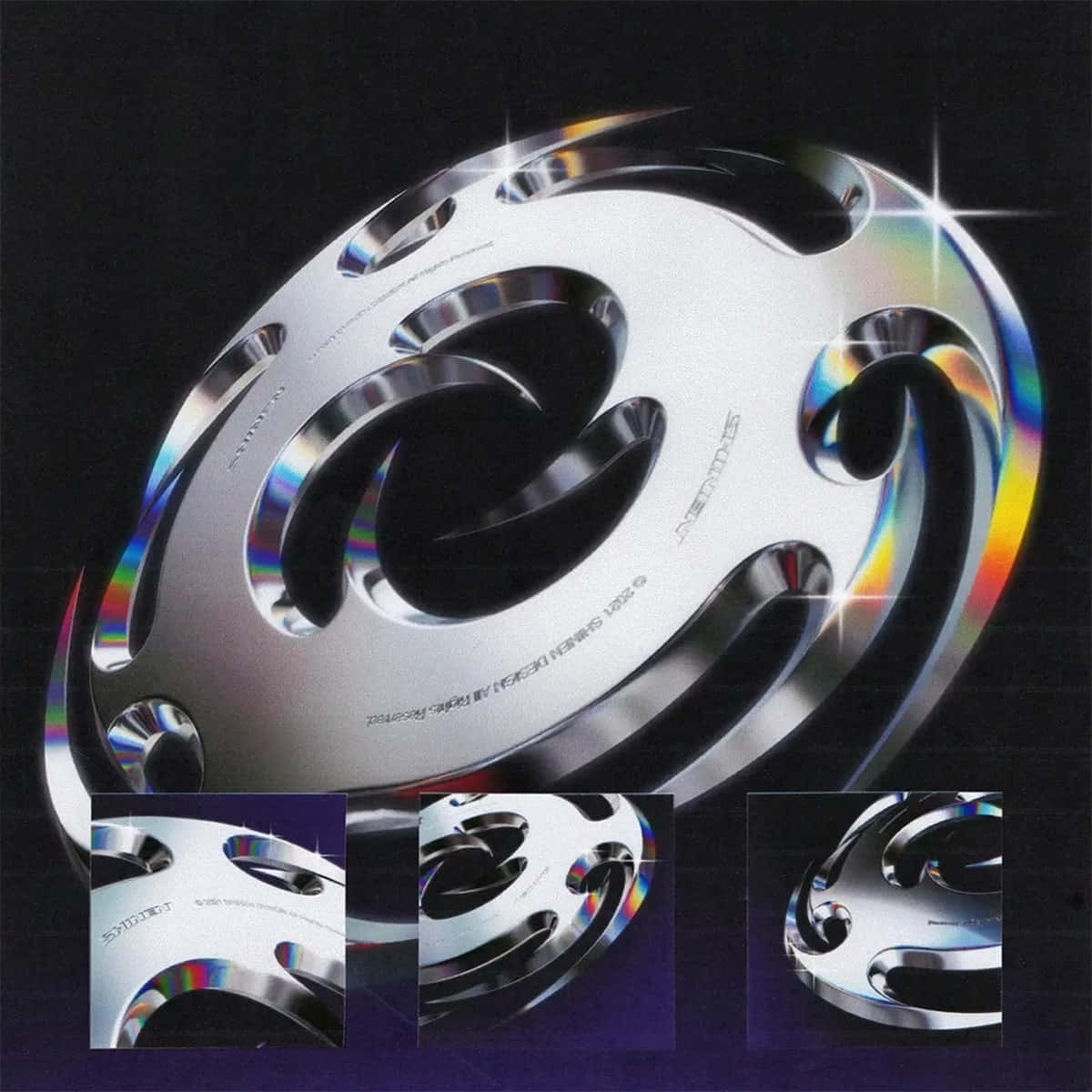 chrome wheel, swirling cutouts, rainbow iridescent highlights, SD Desktop Wallpaper
