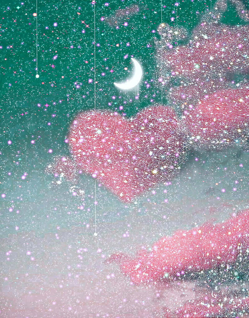 glittering heartsand crescent moon, pink heart, crescent moon, SD Phone Wallpaper