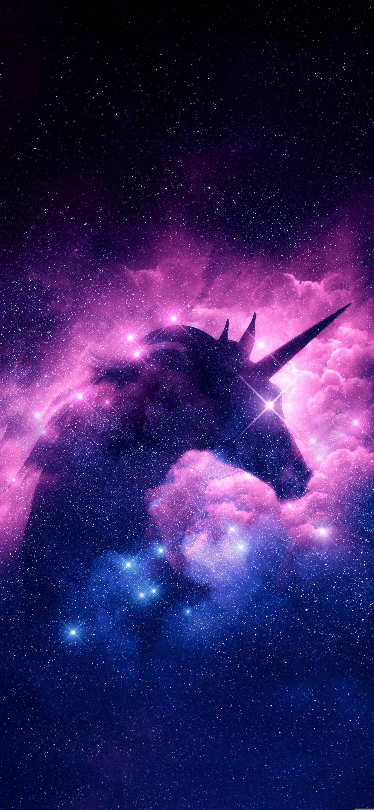 Glitter And Unicorns, unicorn silhouette, cosmic clouds, 2K Phone Wallpaper