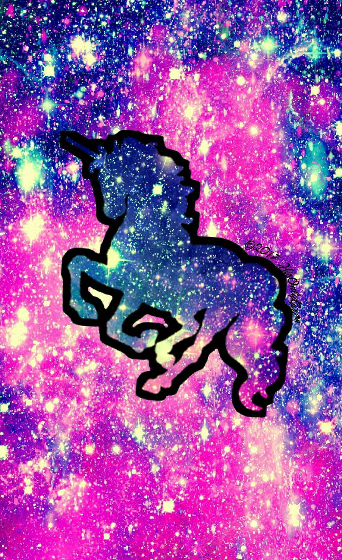 Glitter And Unicorns, blue, black-outlined unicorn silhouette, HD Phone Wallpaper