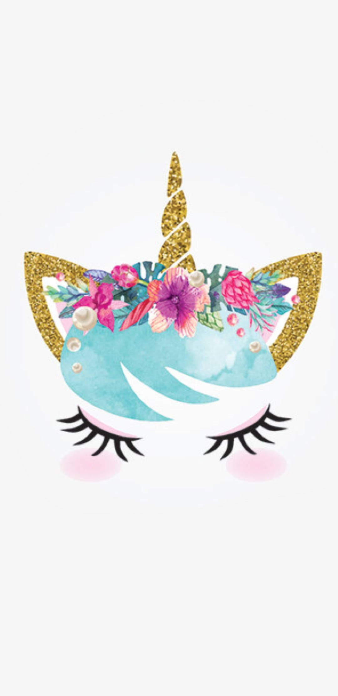 whimsical watercolor unicorn head, glittery gold horns, floral crown, Full HD Phone Wallpaper