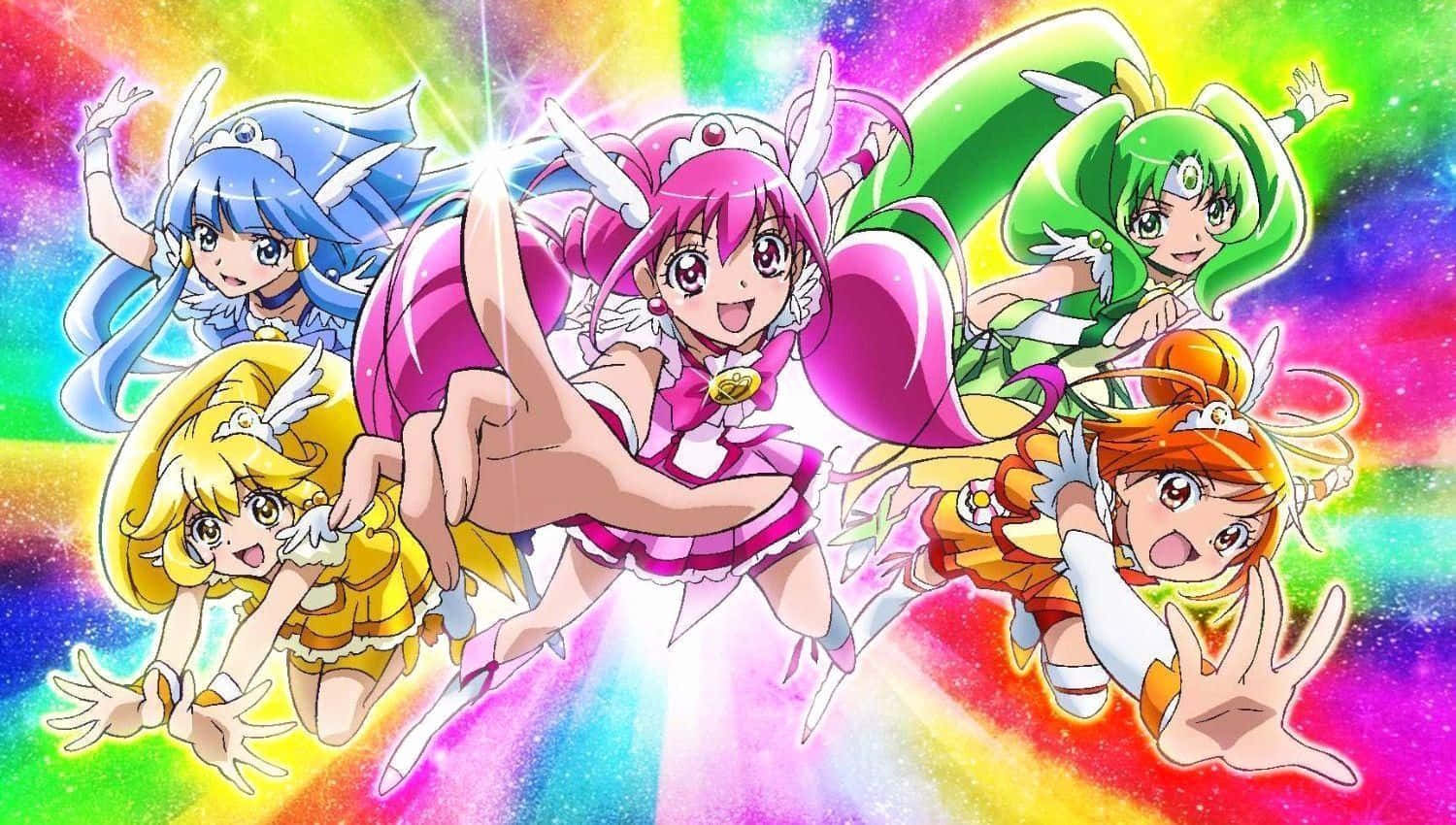 Glitter Force, rainbow starry background, anime girls, HD Desktop Wallpaper