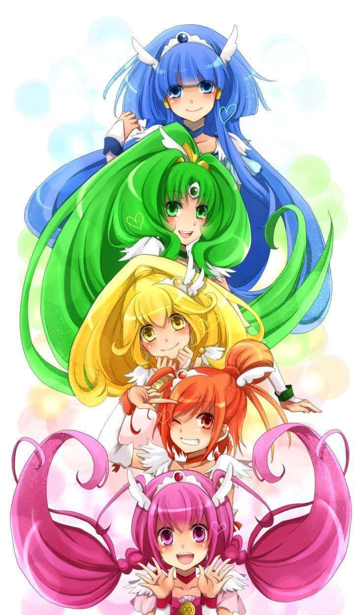 Glitter Force, anime girls, colorful hair, SD Phone Wallpaper