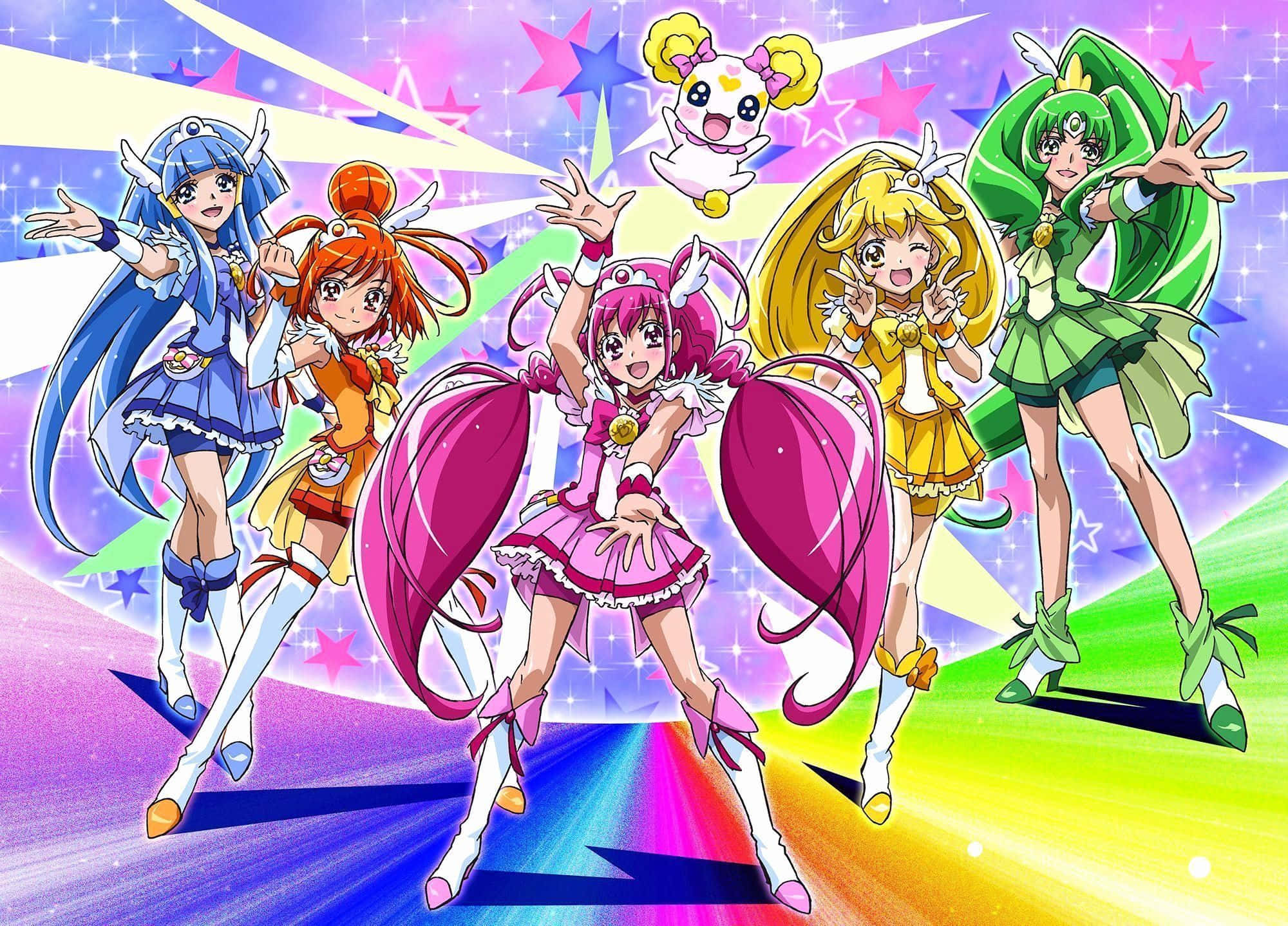 Glitter Force, colorful magical costumes, sparkling rainbow starry background, Full HD Desktop Wallpaper