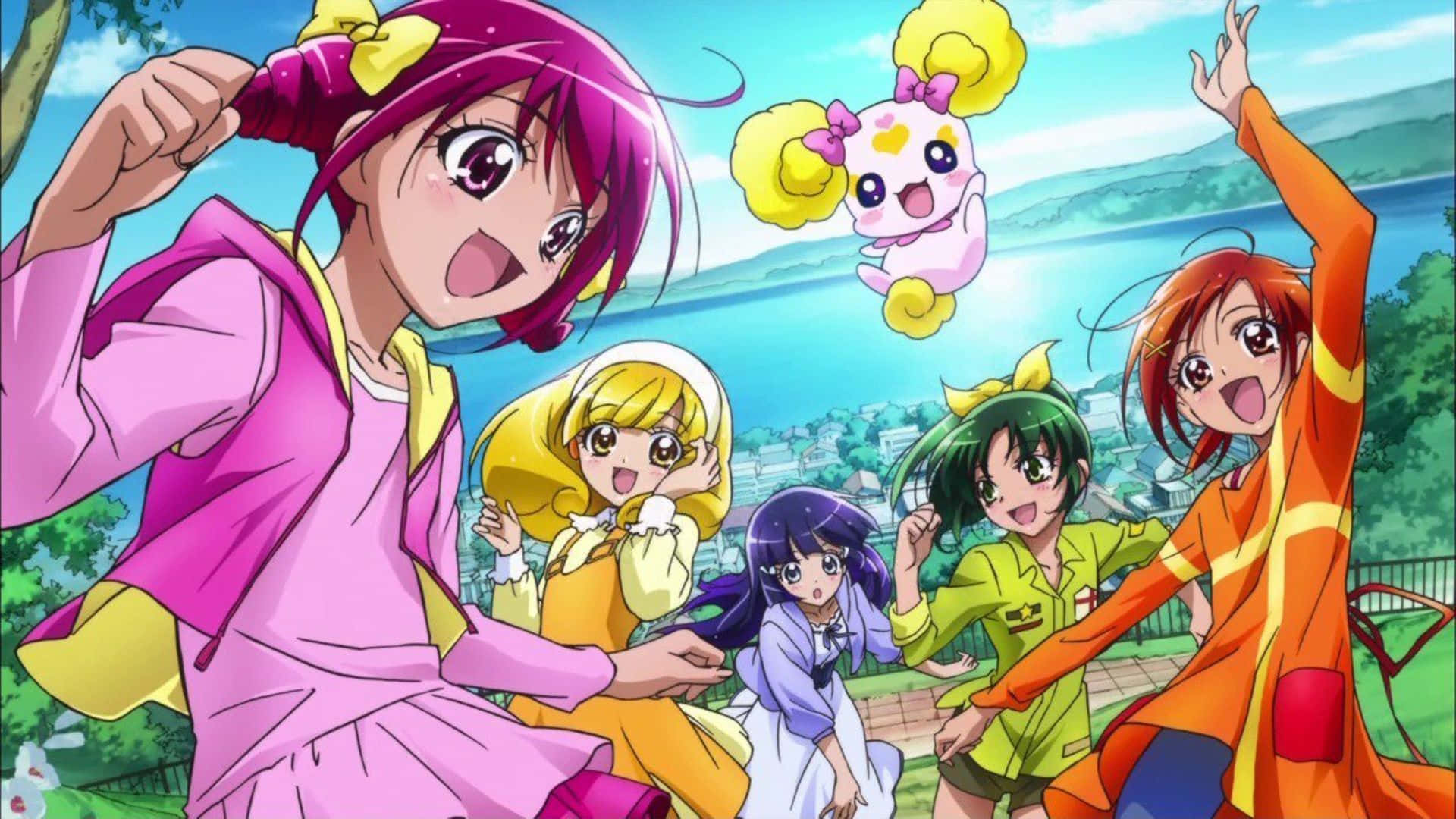 Glitter Force, five cheerful anime girls, colorful outfits, Full HD Desktop Wallpaper