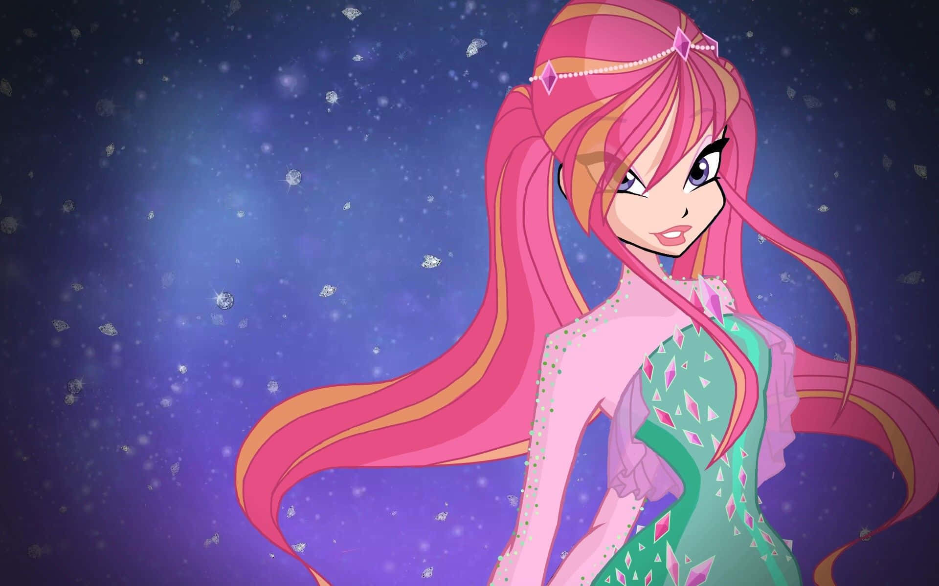 Glitter Force, pink and orange hair, sparkling purple starry background, Full HD Desktop Wallpaper