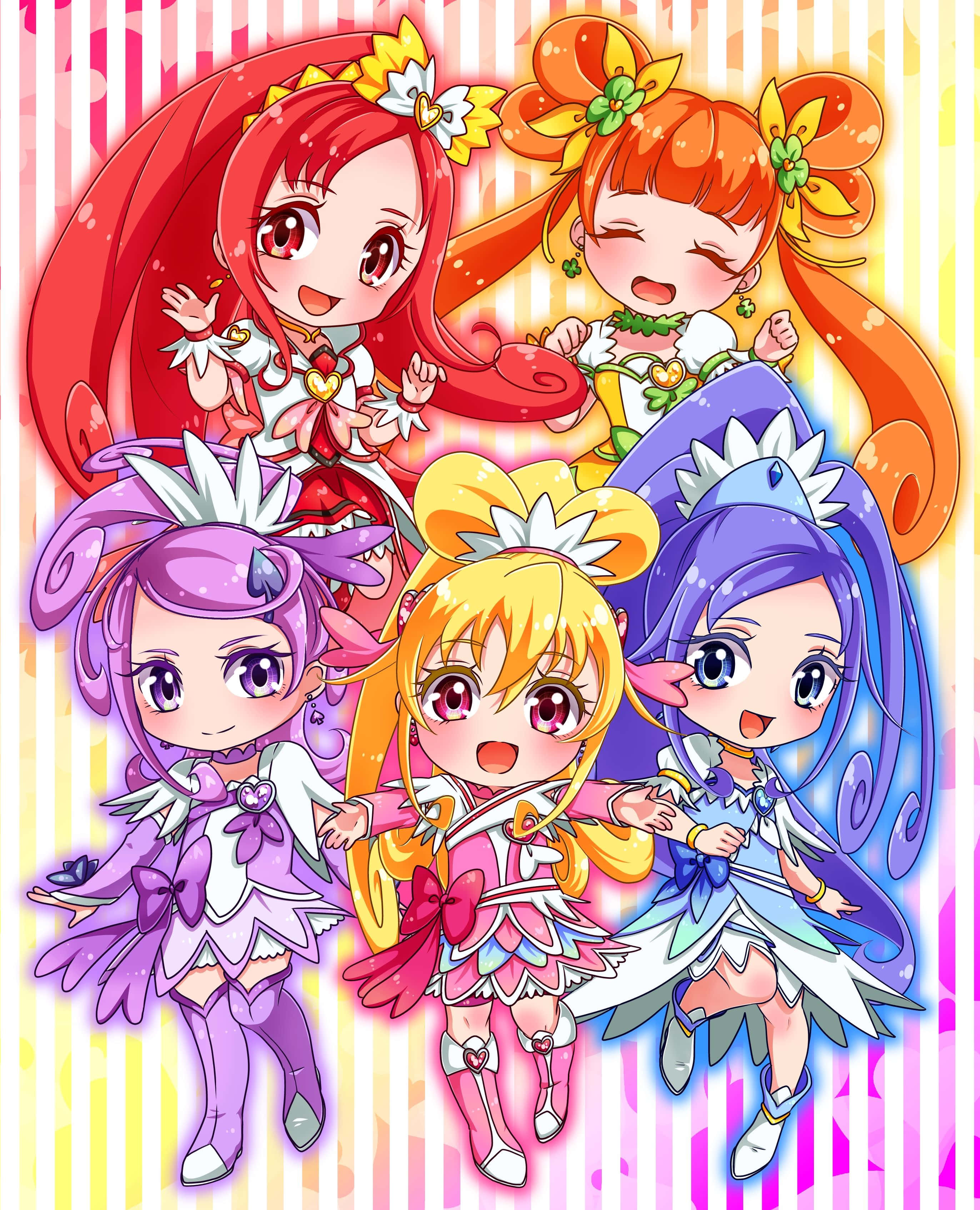 Glitter Force, anime girls, colorful magical costumes, 2K Phone Wallpaper