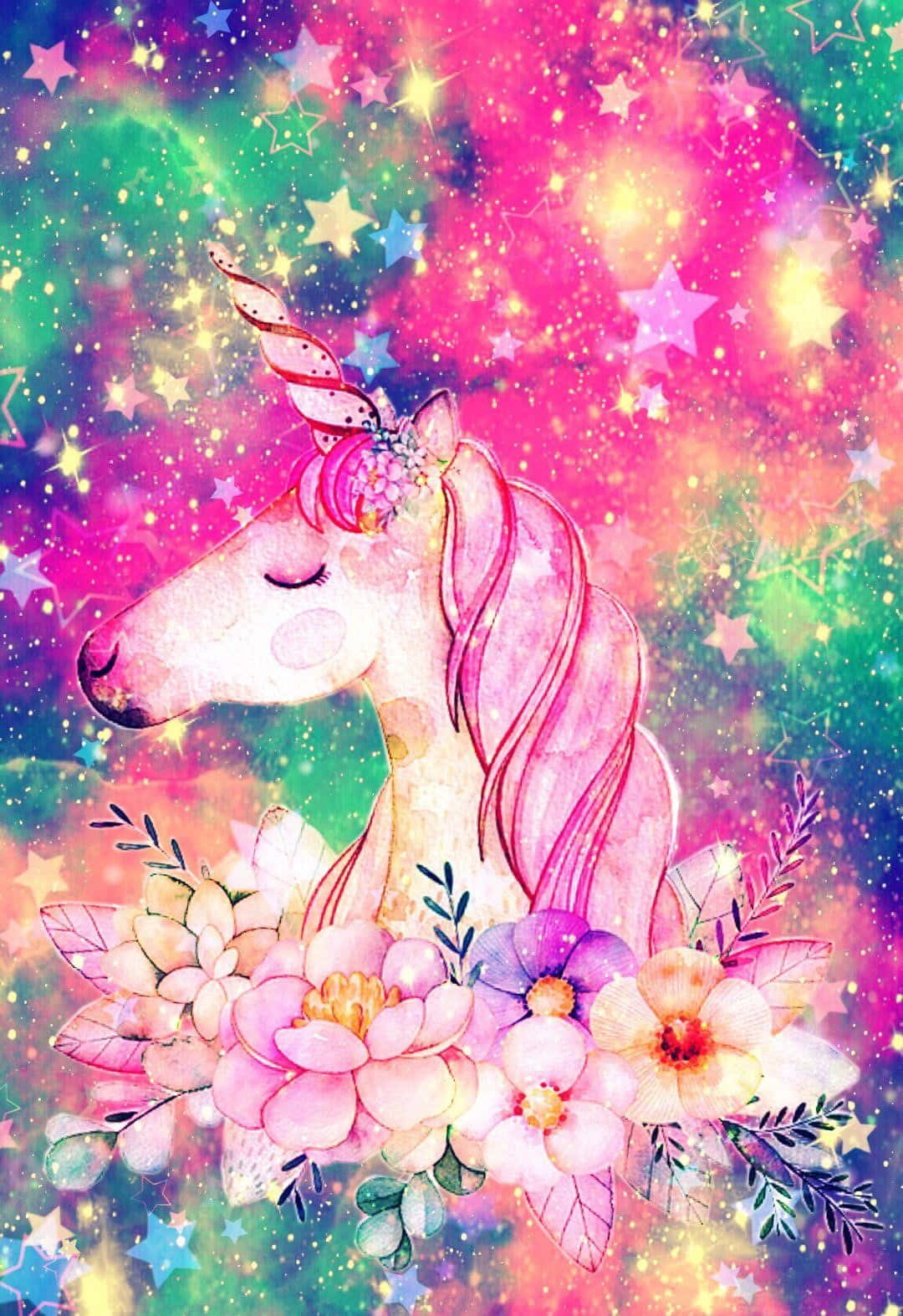 Glitter Galaxy, pink unicorn, glowing flowers, HD Phone Wallpaper