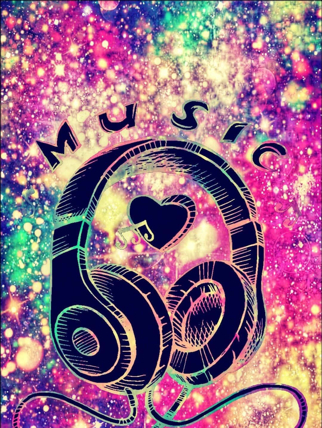 Glitter Galaxy, neon headphones, heart-shaped music note, HD Phone Wallpaper