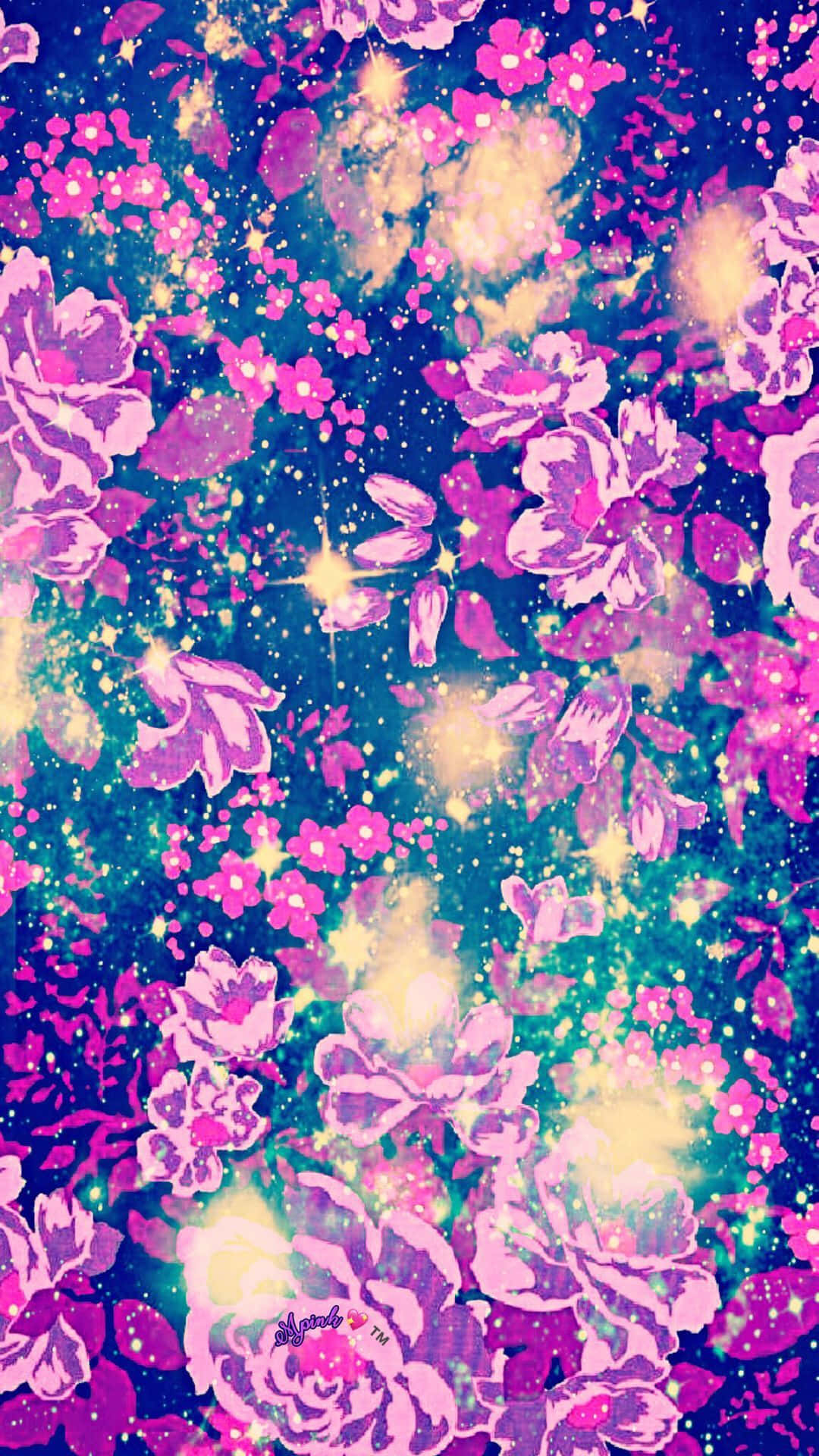 Glitter Galaxy, vibrant pink flowers, cosmic blue background, Full HD Phone Wallpaper