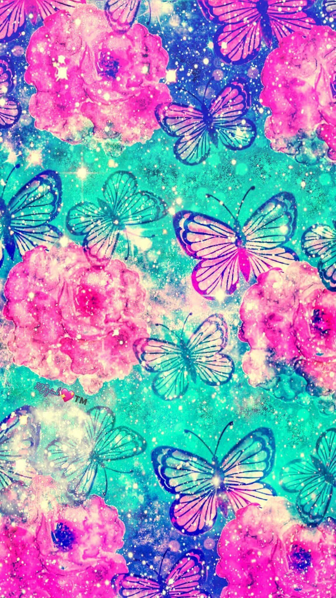 Glitter Galaxy, pink roses, blue butterflies, Full HD Phone Wallpaper