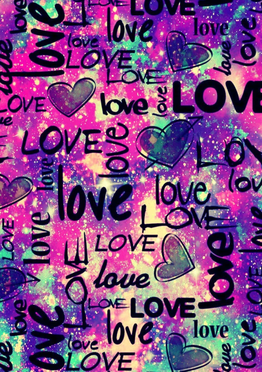 Glitter Galaxy, cosmic background, glittering hearts, HD Phone Wallpaper