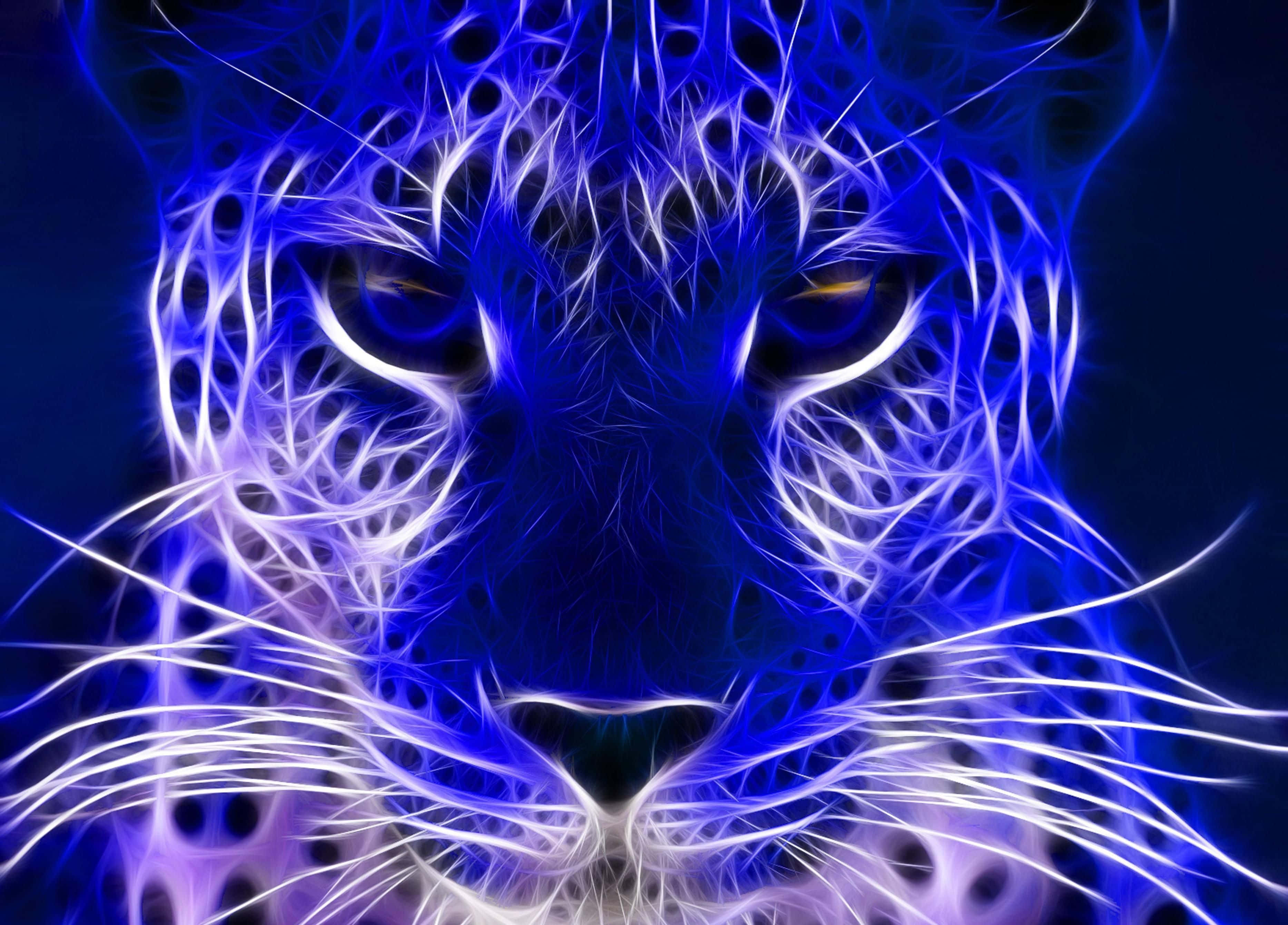Blue Neon Animal Leopard, glowing blue fractal leopard, electric white veins, 2K Desktop Wallpaper