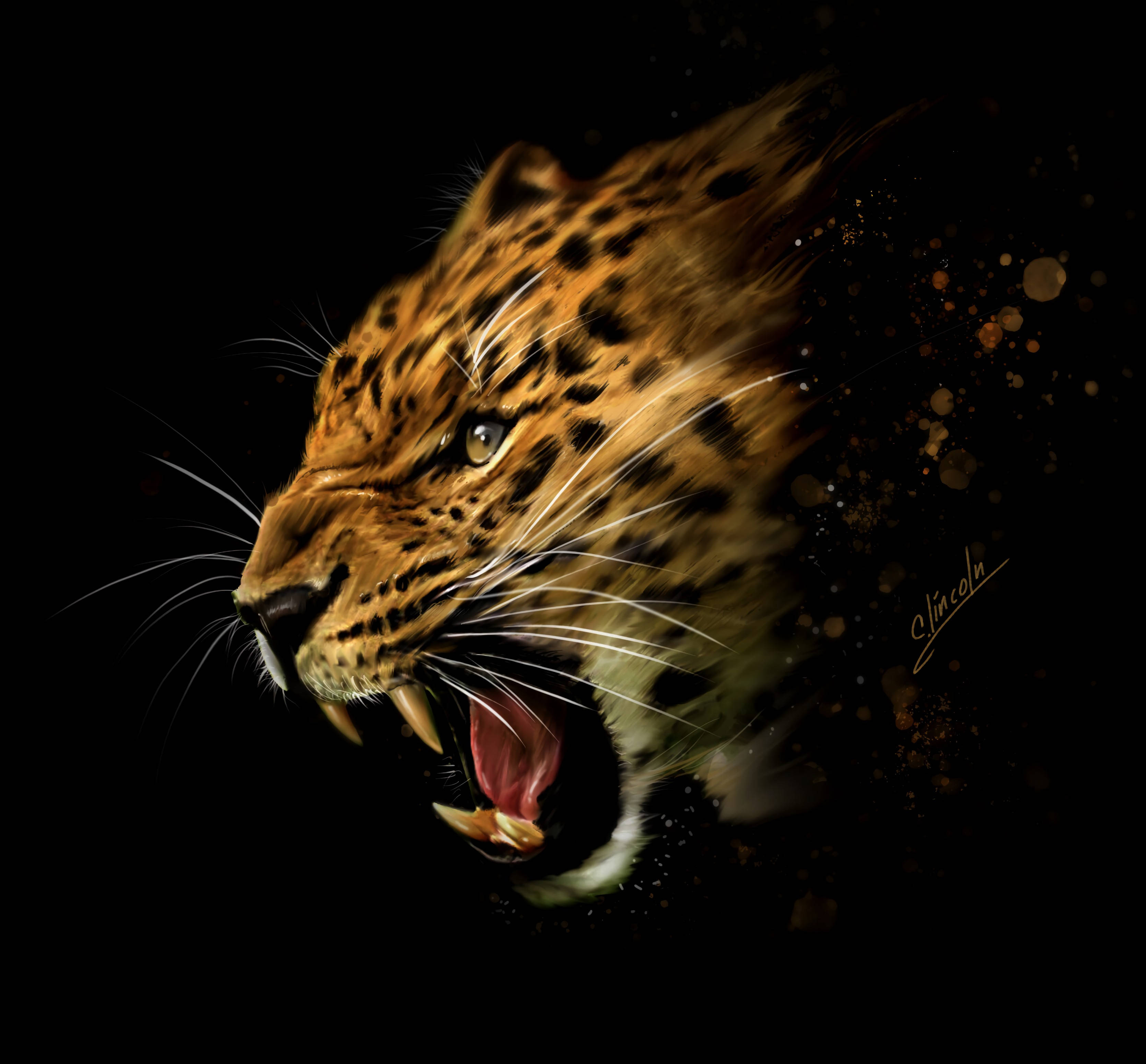 awesome roaring leopard art, fierce leopard, glowing eyes, 2K Desktop Wallpaper