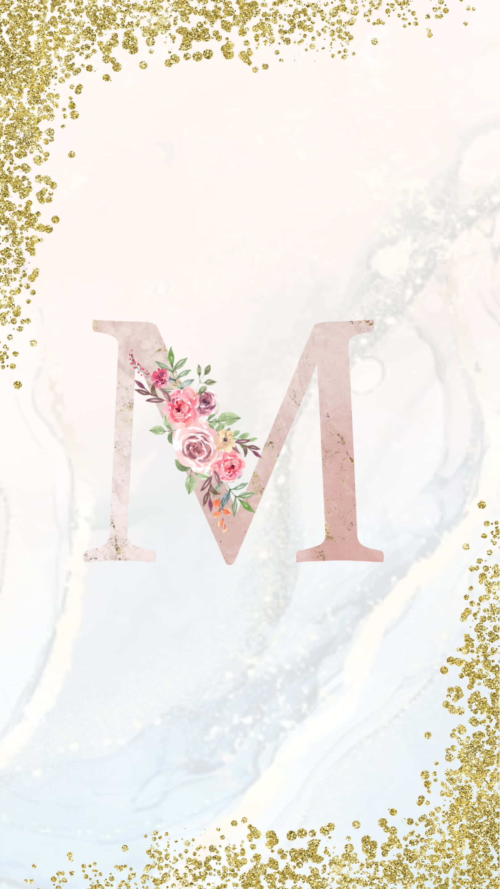 Glitter Marble, pink letter M, pink roses, 2K Phone Wallpaper