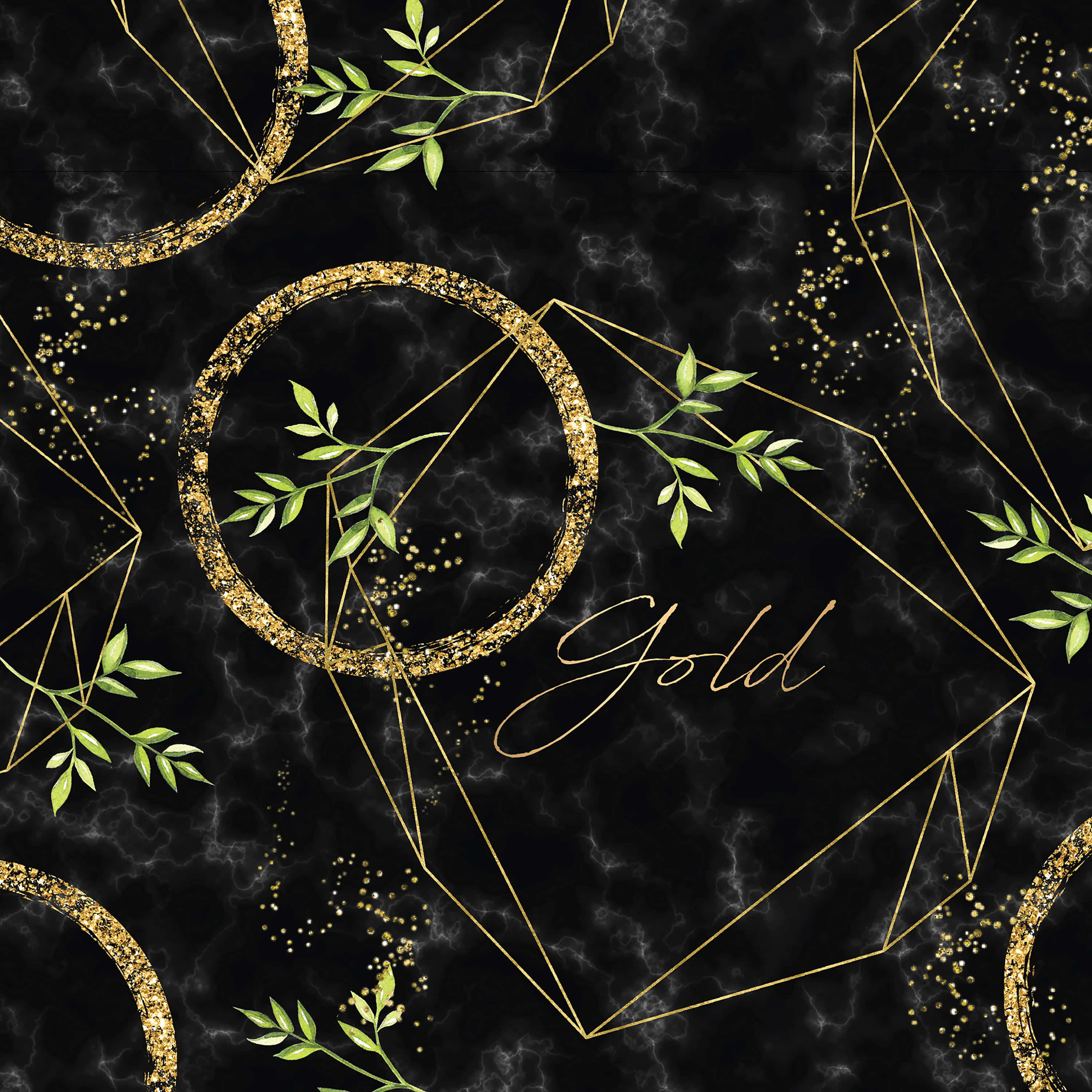 glitter marble, gold, green leaves, 2K Desktop Wallpaper