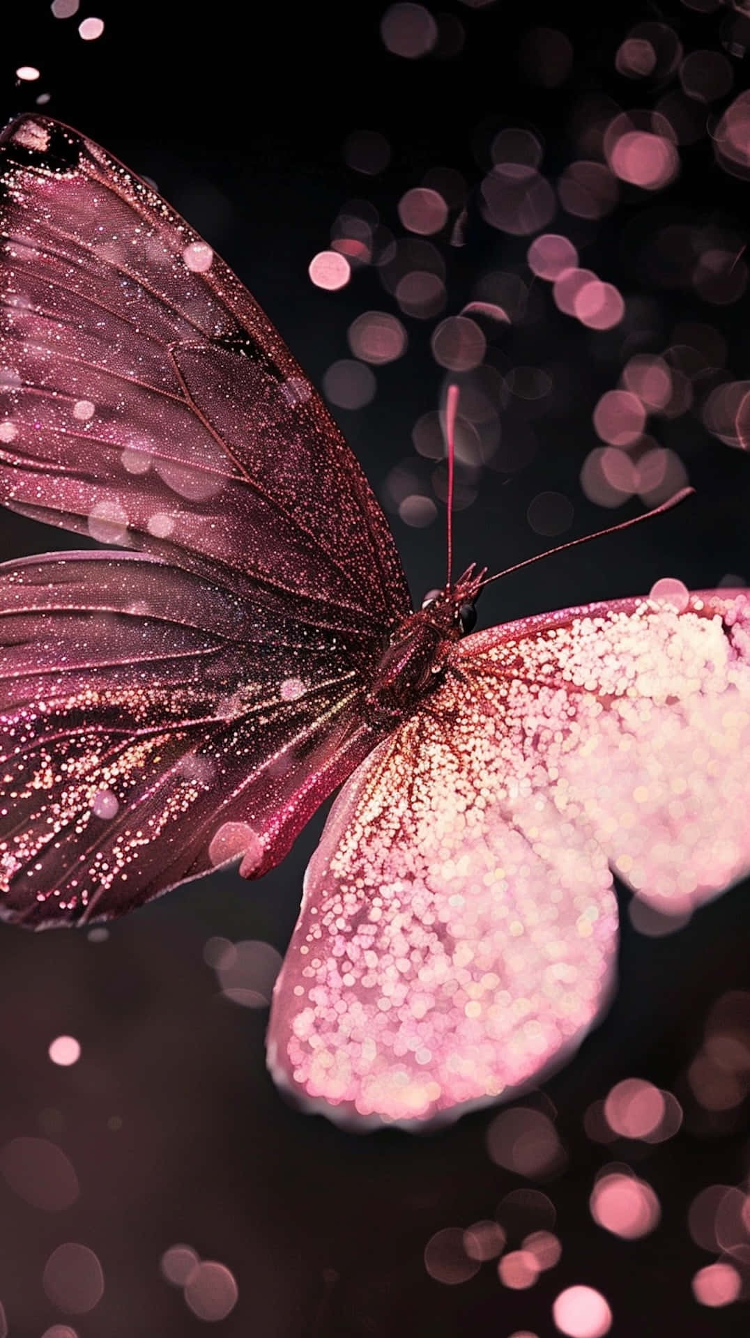 glittering pink butterfly, sparkling wings, dark bokeh background, Full HD Phone Wallpaper