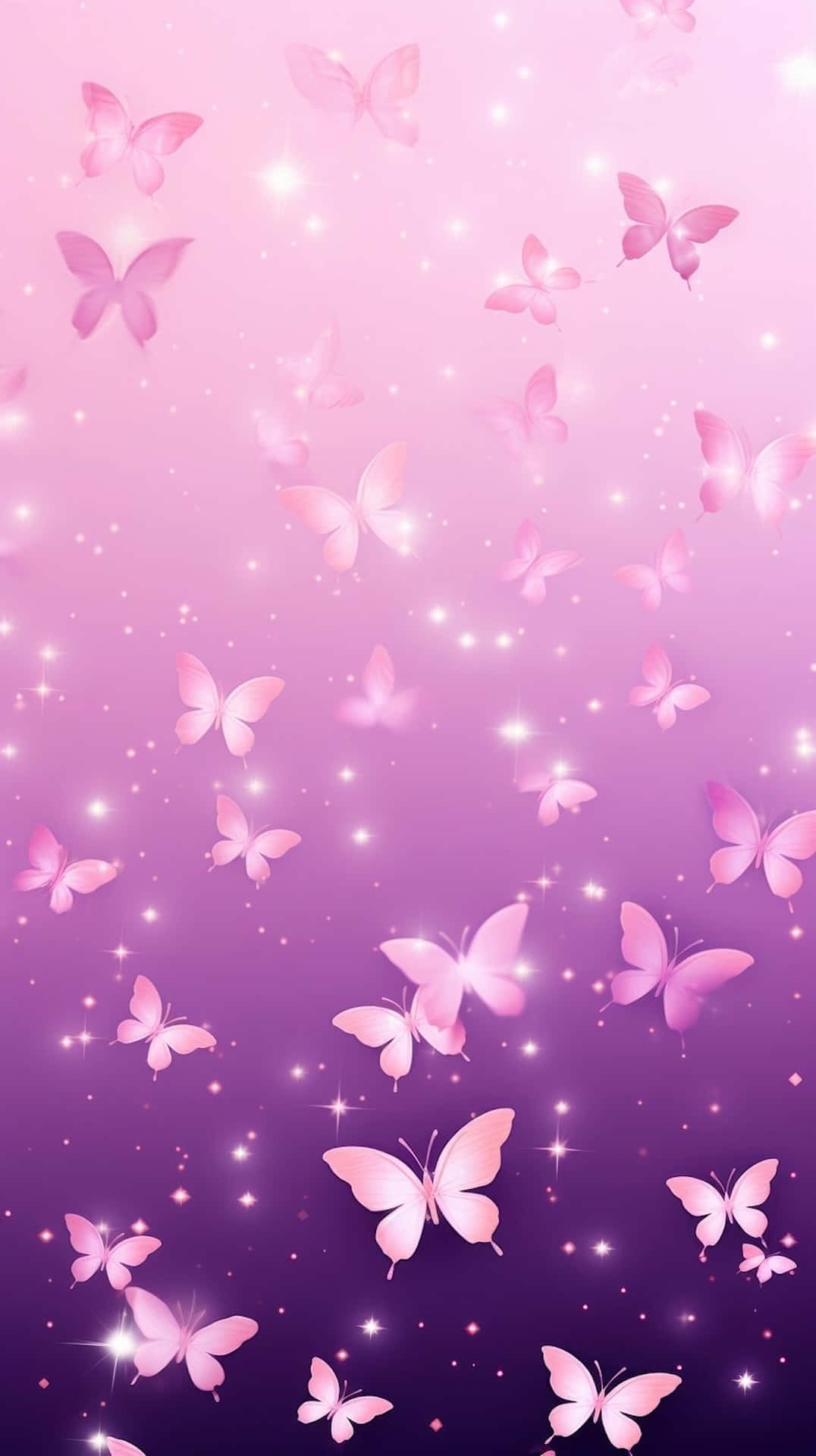 glittering pink butterflies, sparkling stars, gradient sky, Full HD Phone Wallpaper