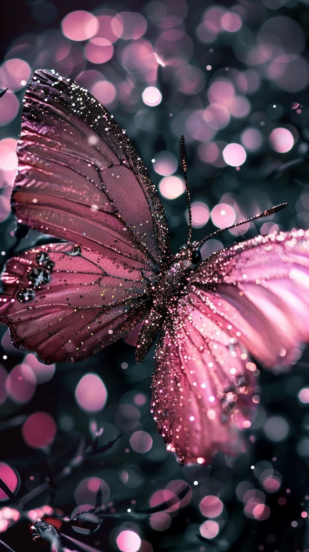glittering pink butterfly, translucent wings, dreamy bokeh lights, Full HD Phone Wallpaper