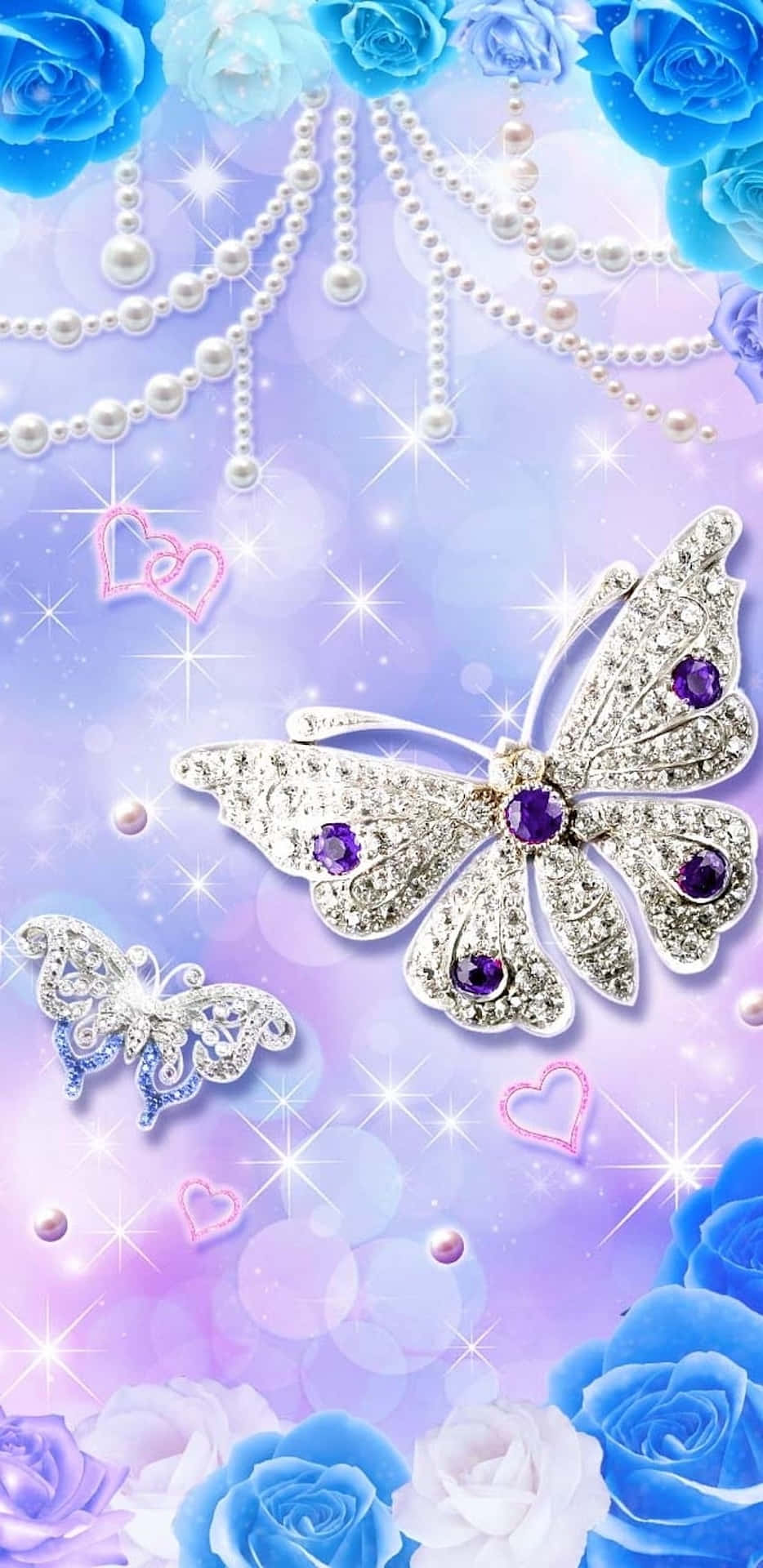 glittering pink butterfly, blue roses, dangling pearls, Full HD Phone Wallpaper