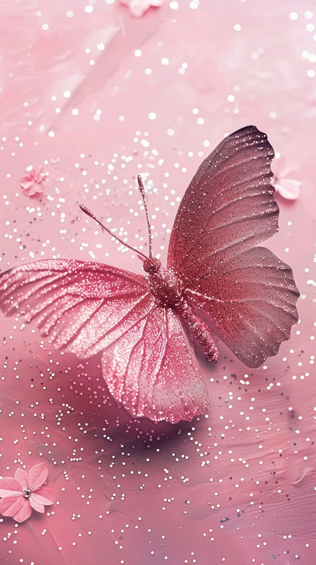 glittering pink butterfly, rose backdrop, soft pink surface, Full HD Phone Wallpaper