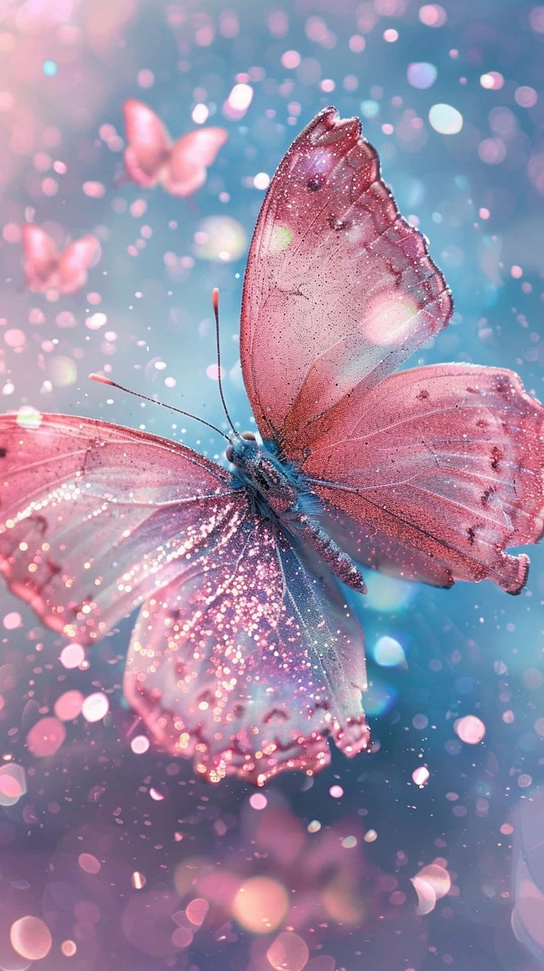 glittering pink butterfly, translucent wings, sparkling bokeh lights, Full HD Phone Wallpaper