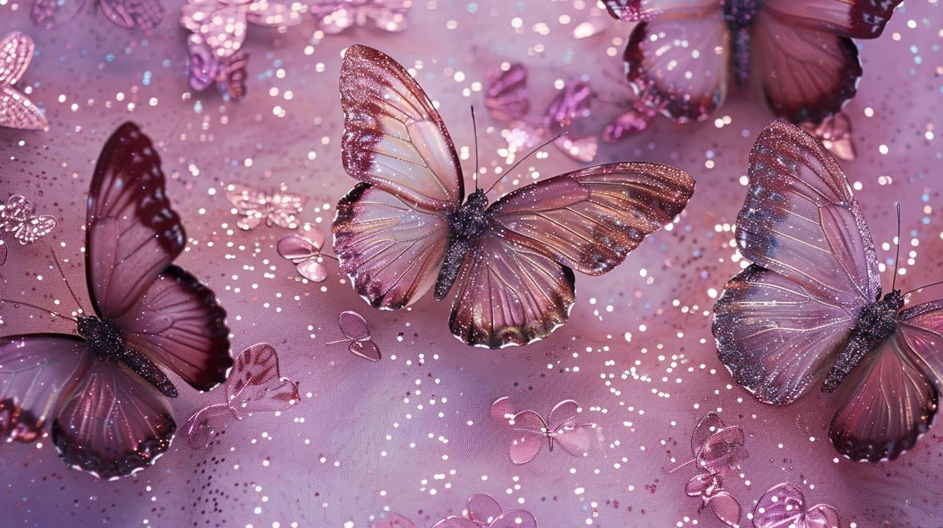glittering pink butterflies, sparkling pink surface, shimmering pink butterflies, Full HD Desktop Wallpaper