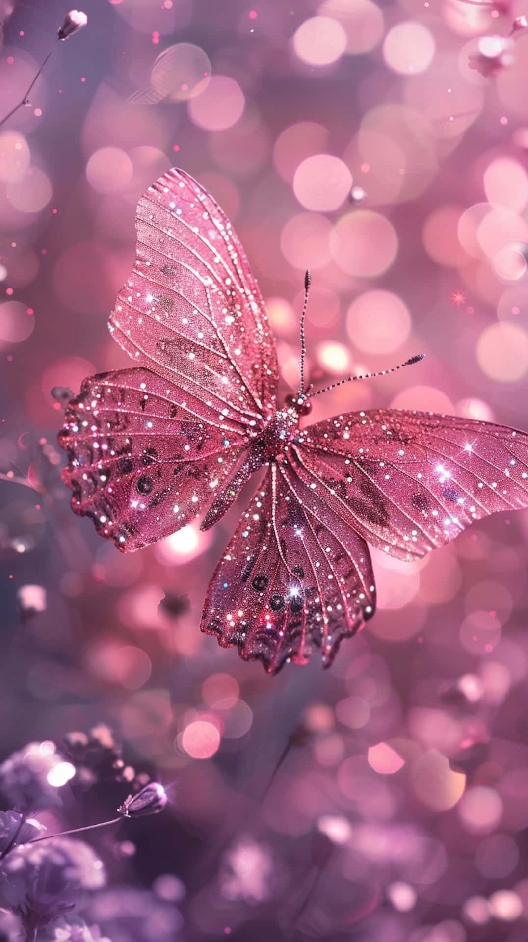 sparkling pink butterfly, glittering pink butterfly, bokeh, Full HD Phone Wallpaper