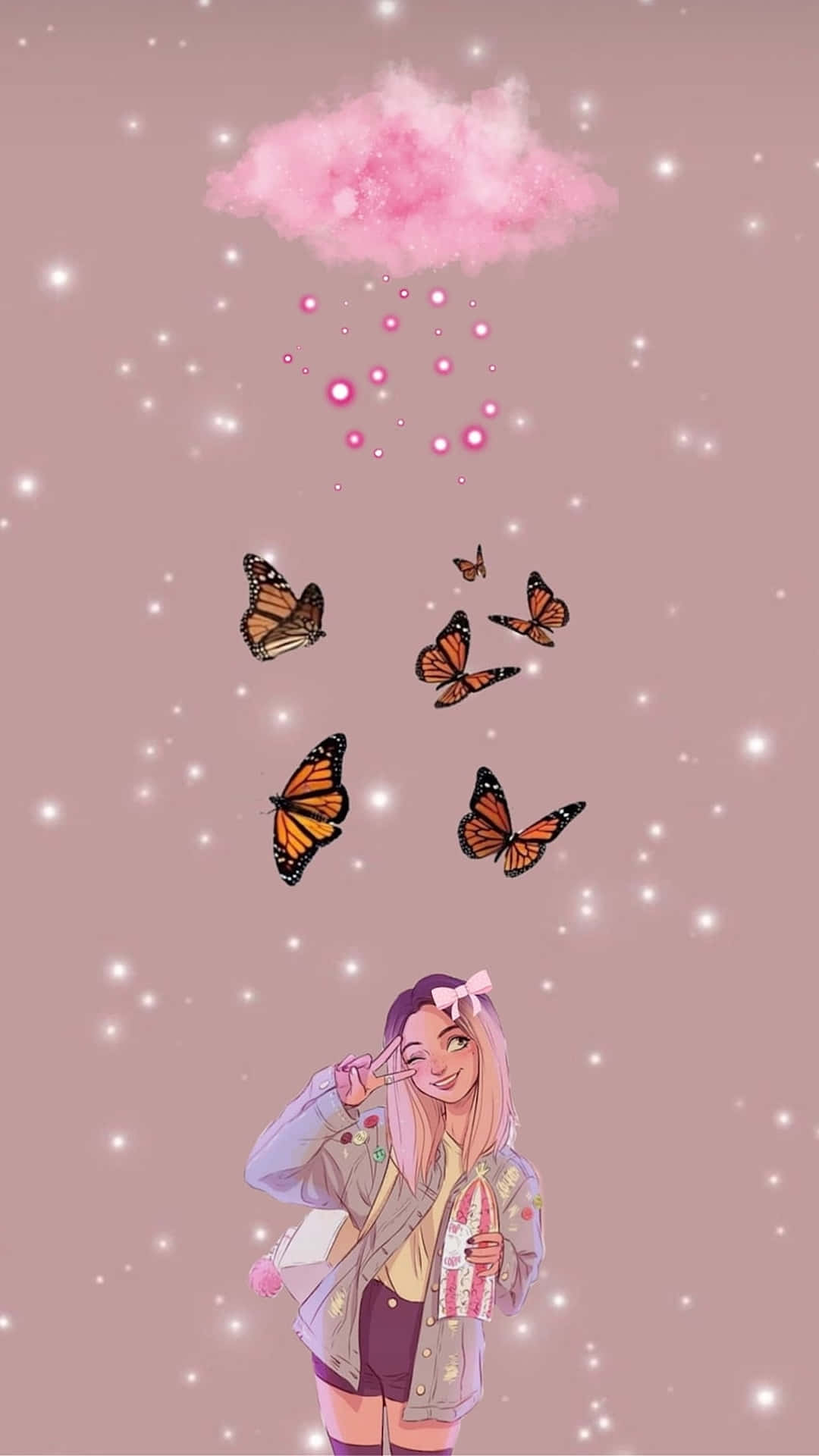 glittery pink butterfly, pink hair, bow, Full HD Phone Wallpaper
