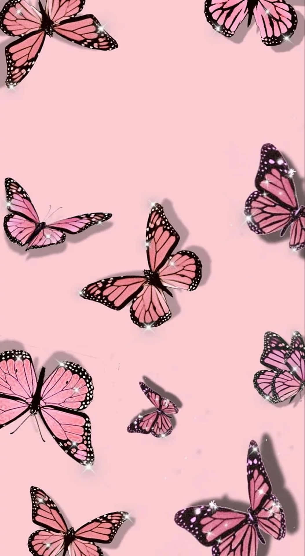 glittering pink butterflies, pastel pink background, black outlines, Full HD Phone Wallpaper