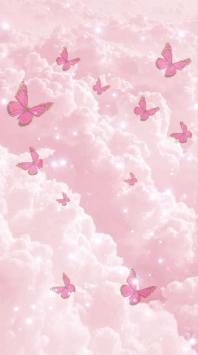 pink glitter butterfly, light pink glitter butterfly, pastel clouds, SD Phone Wallpaper