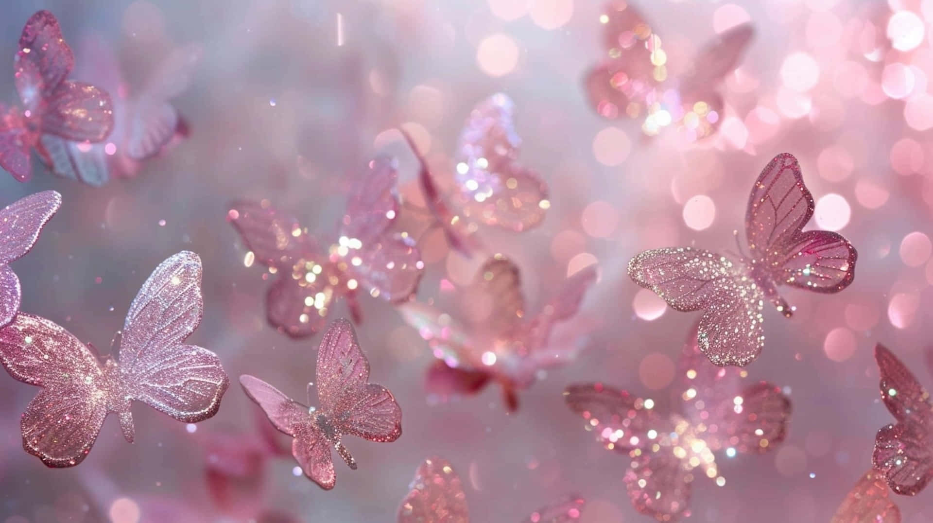 sparkling pink butterflies, bokeh lights, dreamy ethereal scene, Full HD Desktop Wallpaper