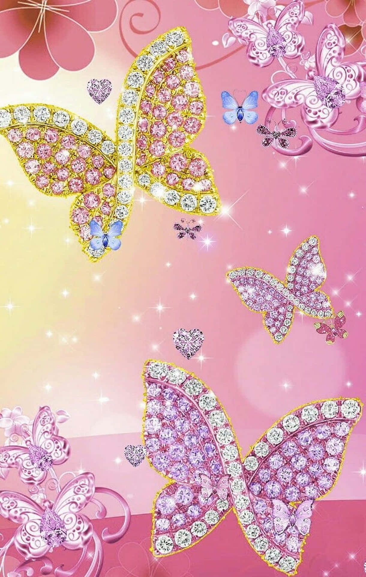 glittering pink butterfly, shimmering pink, gold butterflies, Full HD Phone Wallpaper