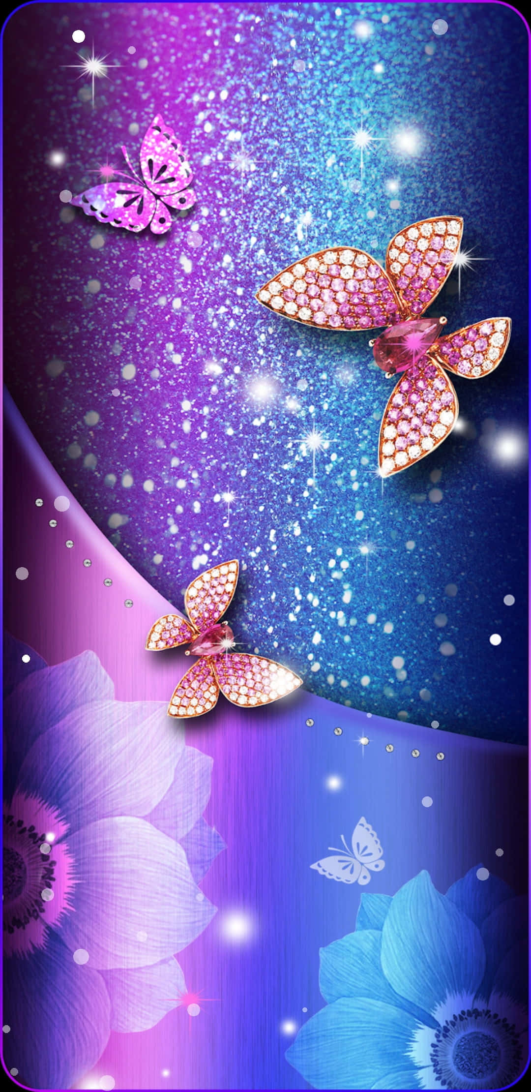 pink glitter butterfly, jeweled butterflies, glowing purple and blue flowers, Full HD Phone Wallpaper