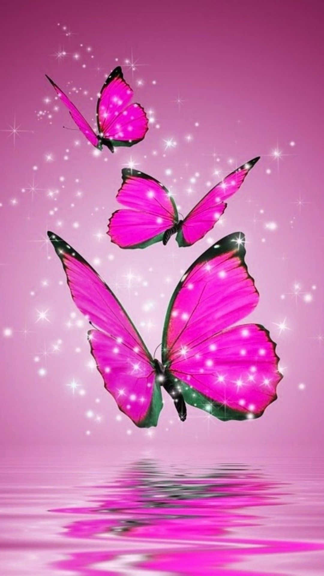 pink glitter butterfly, glowing pink butterflies, green edges, Full HD Phone Wallpaper