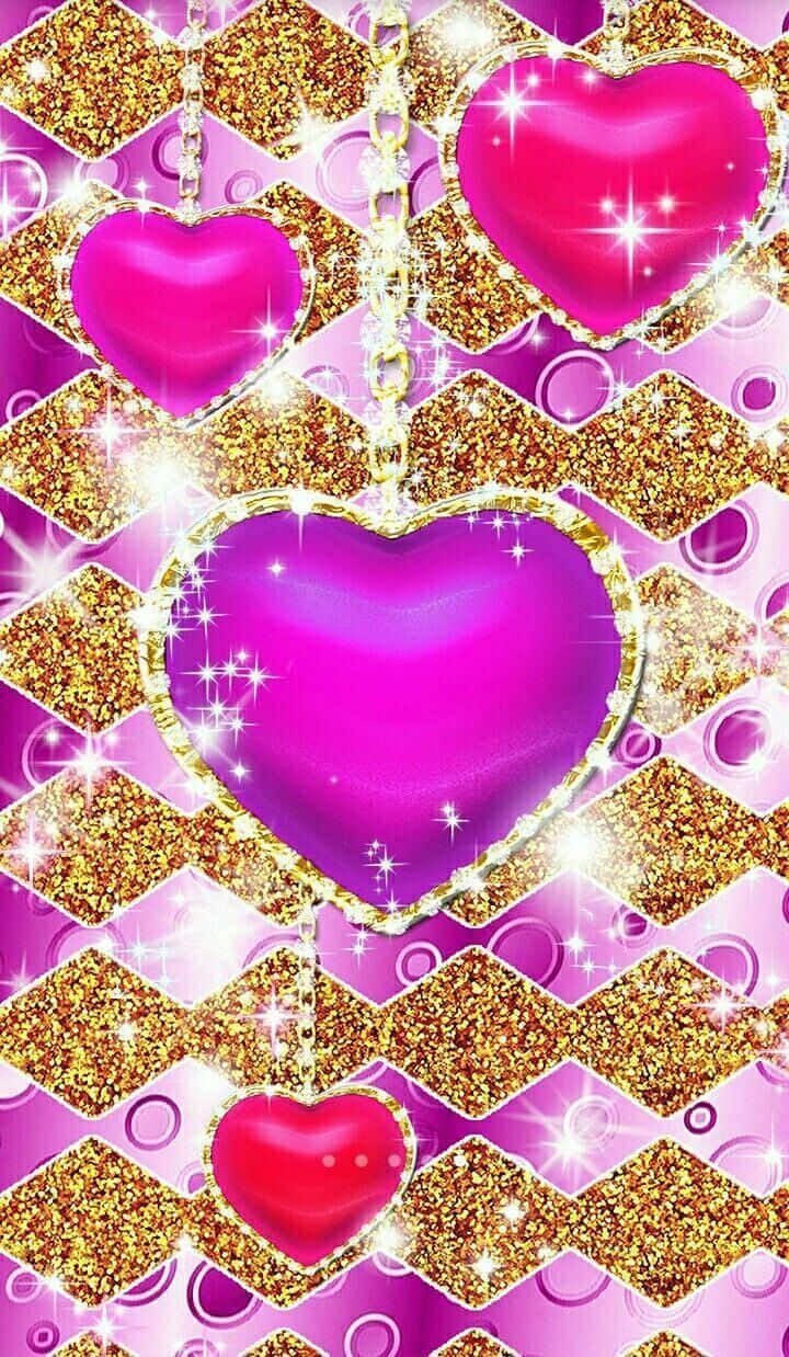 Glitter Pink Hearts, pink hearts, gold chains, SD Phone Wallpaper