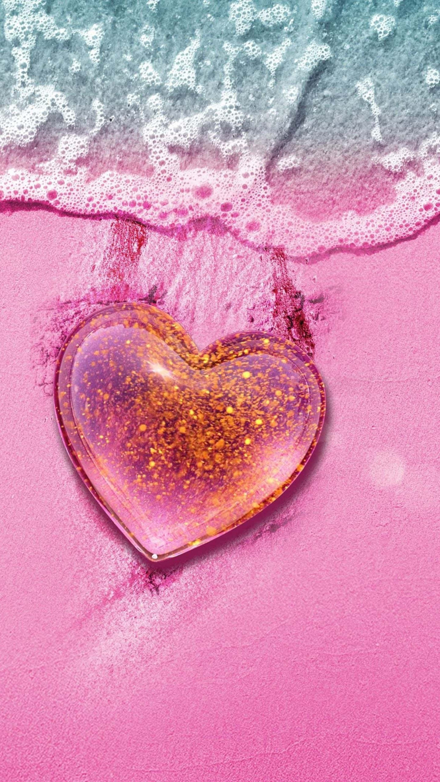 glittering pink hearts, heart-shaped object, pink sand, 2K Phone Wallpaper