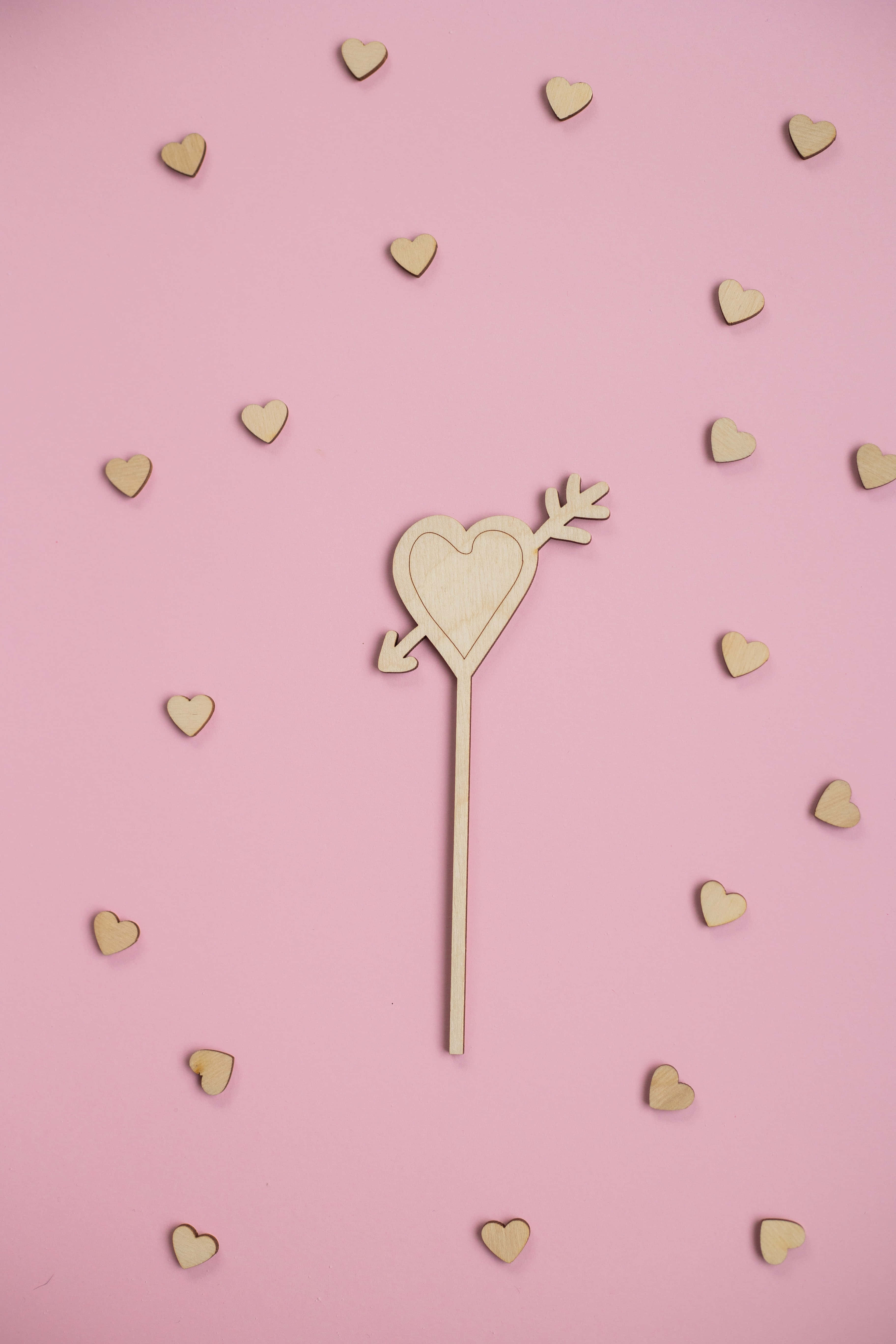 Glitter Pink Hearts, wooden cupid's arrow, heart tip, 5K Phone Wallpaper