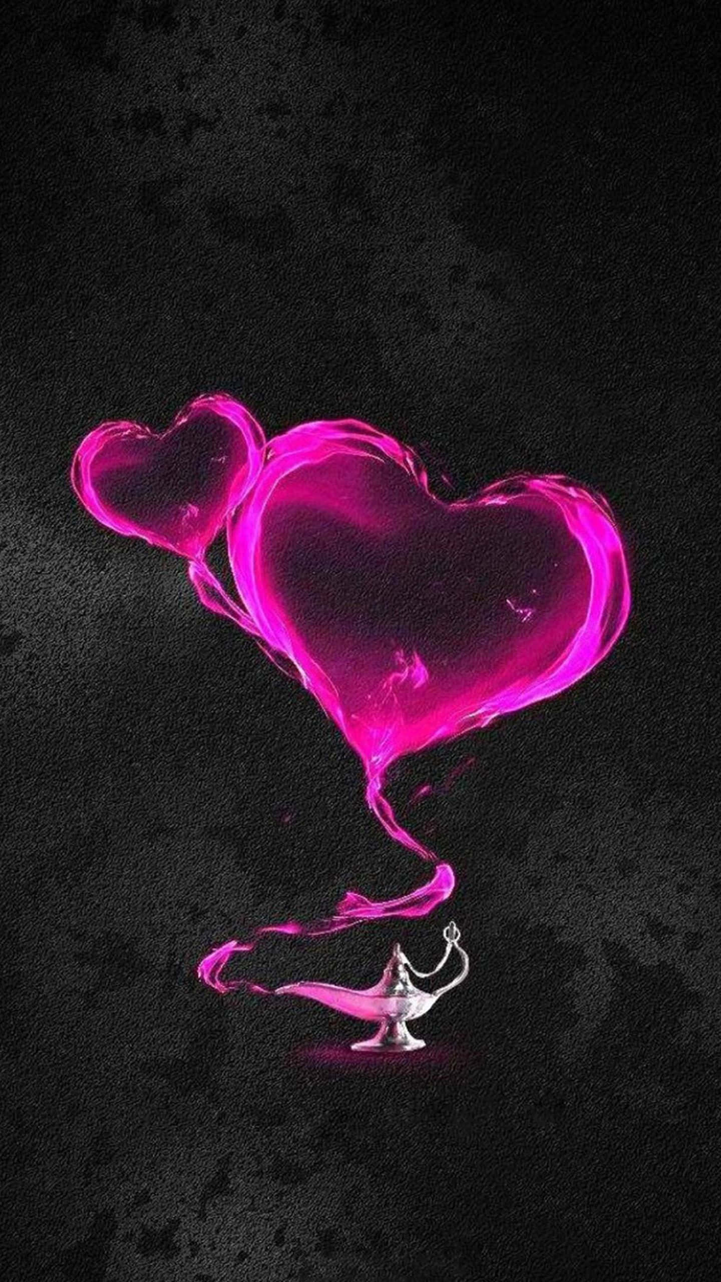 glitter pink hearts, magenta heart-shaped smoke, silver genie lamp, 2K Phone Wallpaper