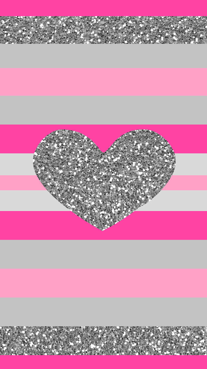 Glittery Pink Hearts, glittery silver heart, bold pink and gray horizontal stripes, HD Phone Wallpaper