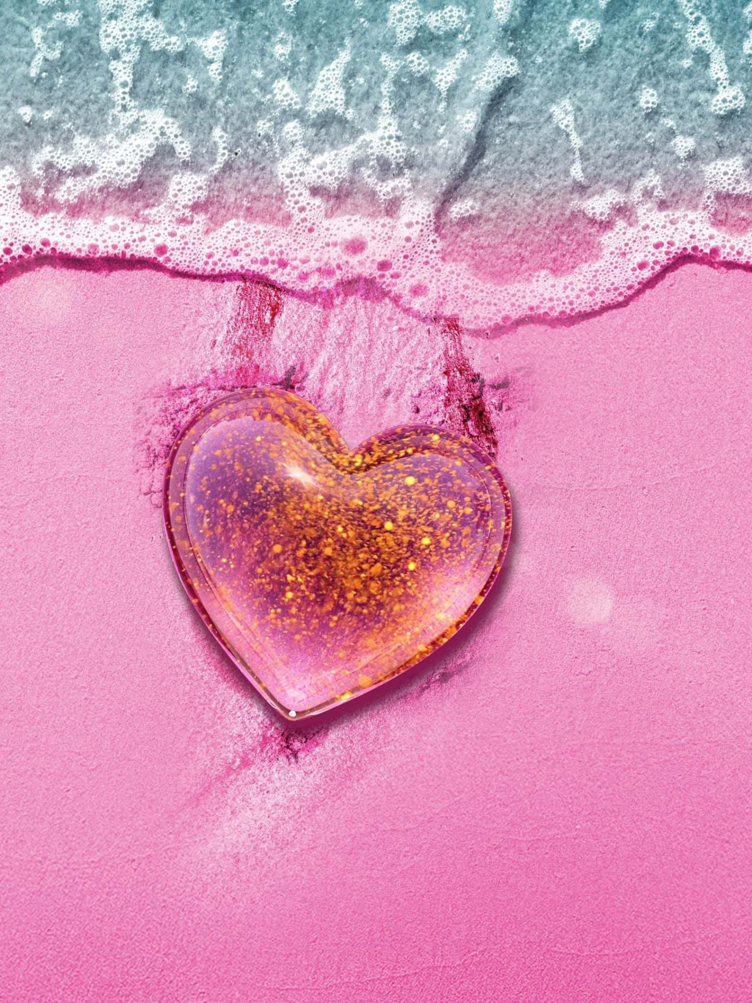 glittering pink hearts, heart-shaped object, vibrant pink sand, Full HD Phone Wallpaper