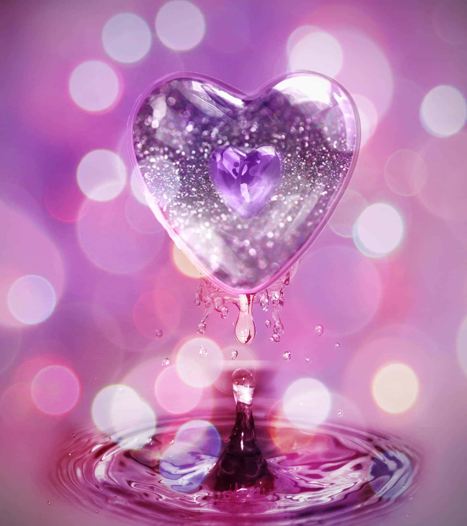 glitter pink hearts, glowing purple heart-shaped droplet, glittering sparkles, HD Phone Wallpaper