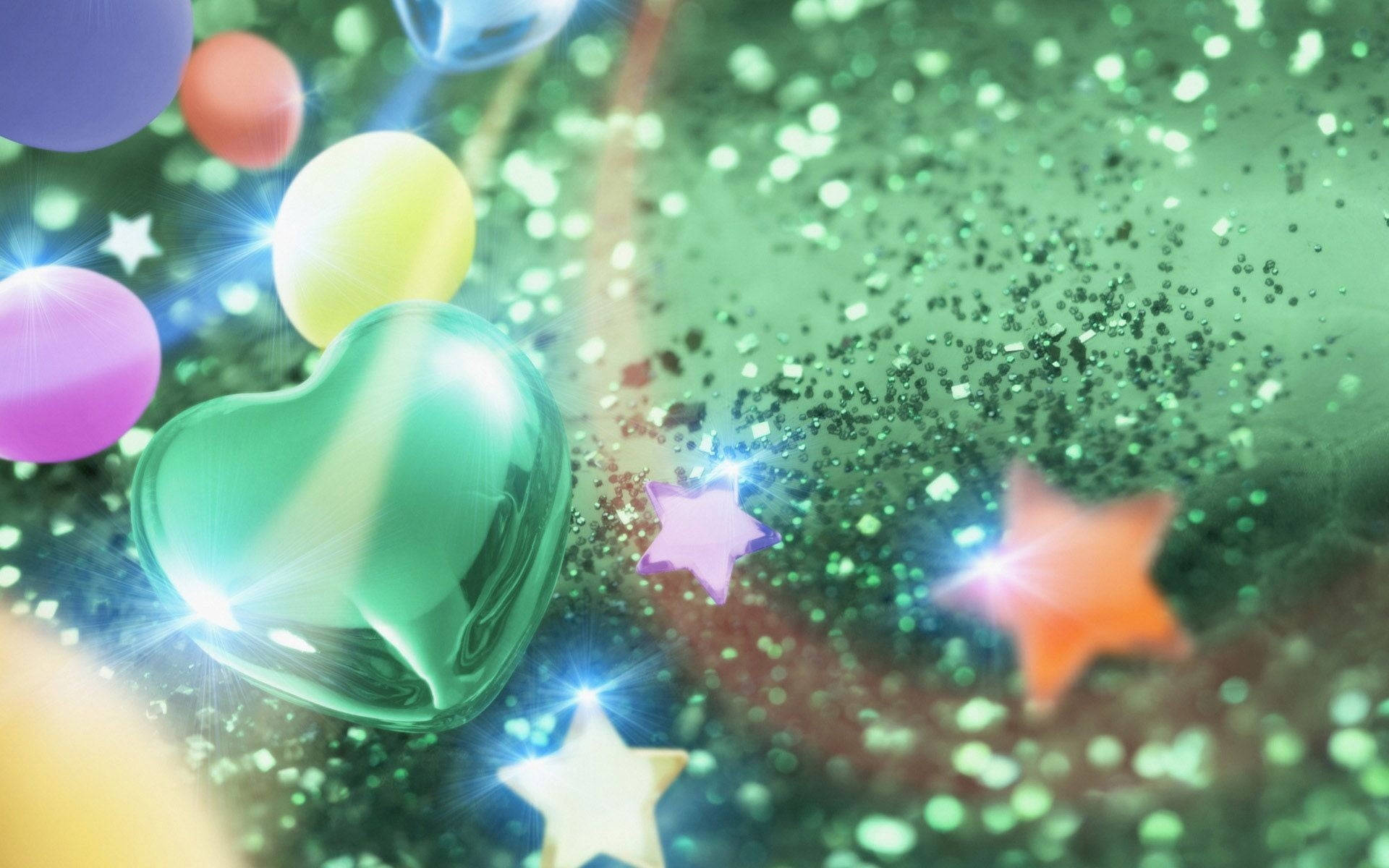awesome heart, green glitter, colorful balloons, Full HD Desktop Wallpaper