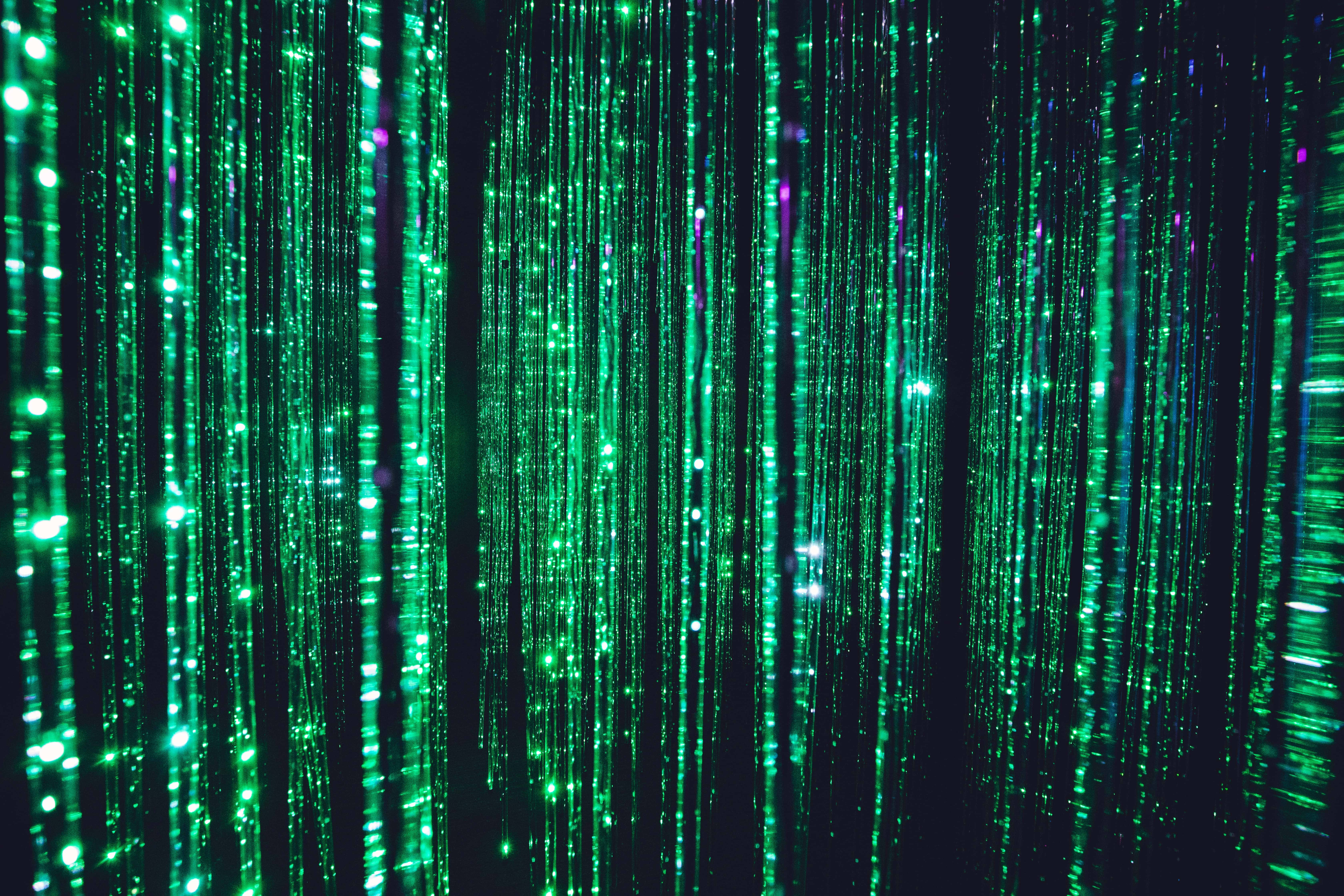 4K, green glitter strips, glowing green fiber optic lights, 5K Desktop Wallpaper