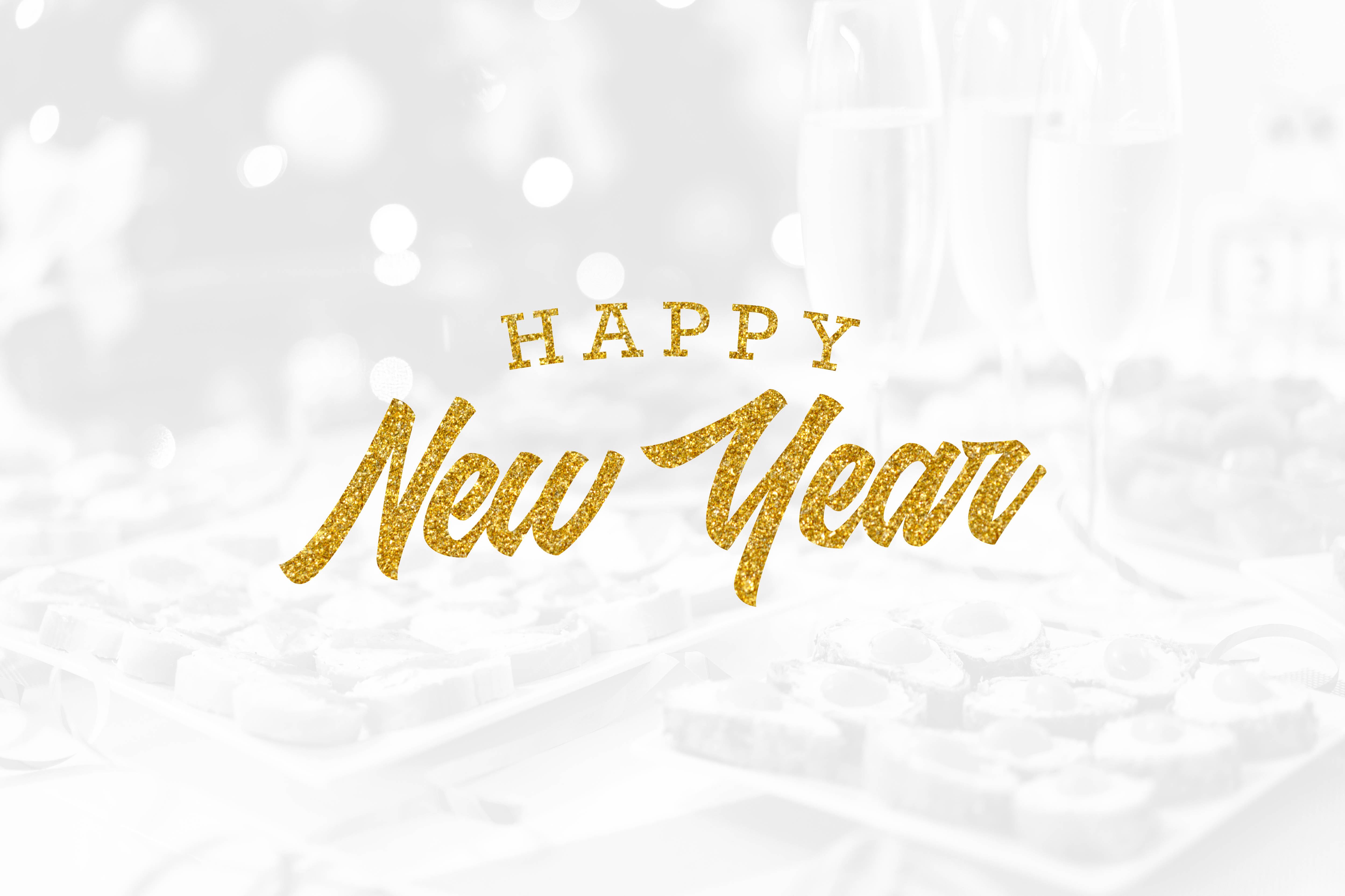 Happy New Year, golden glitter, champagne flutes, 4K Desktop Wallpaper
