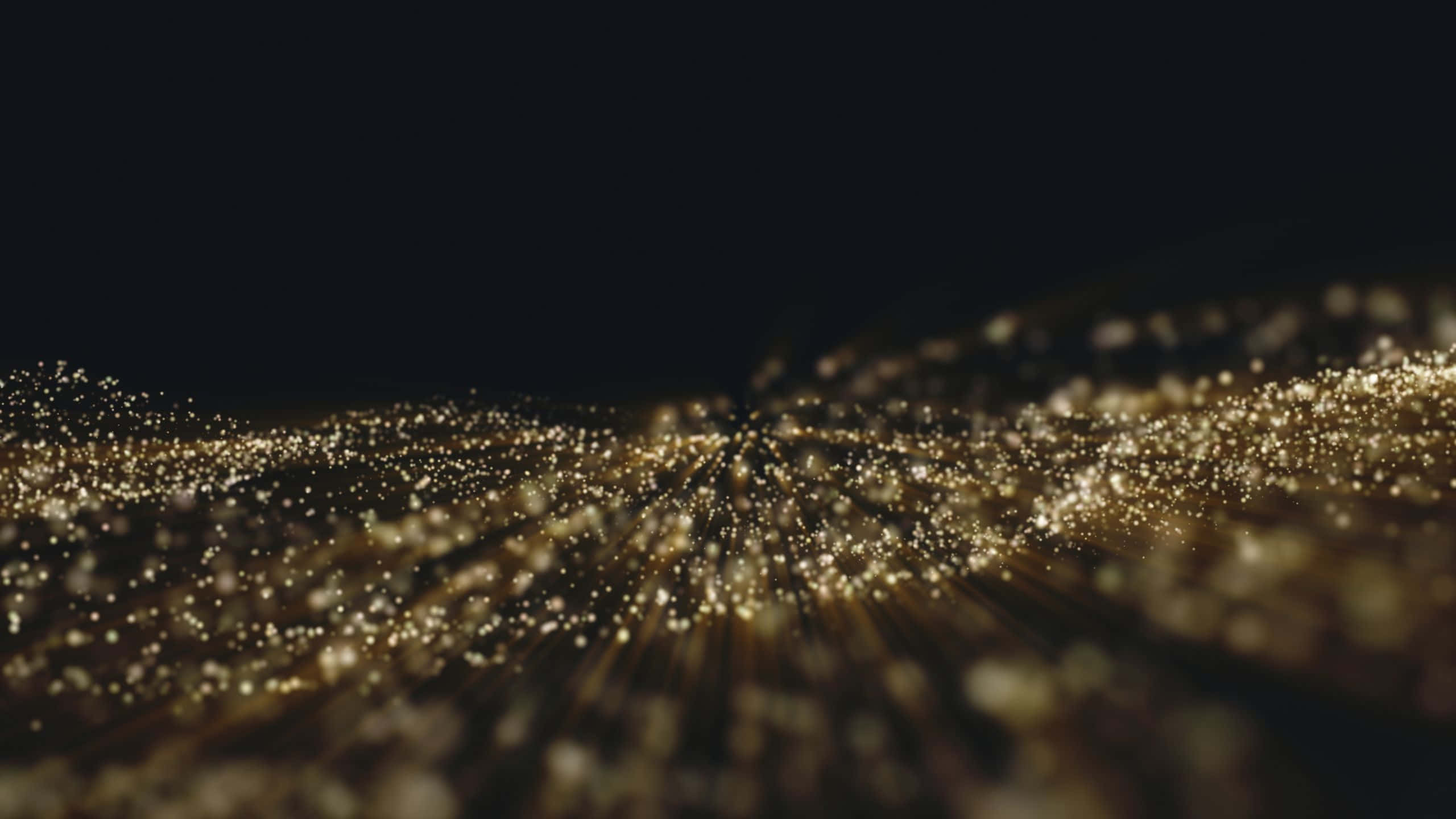 black and gold glitter, glowing golden particles, deep black background, 2K Desktop Wallpaper