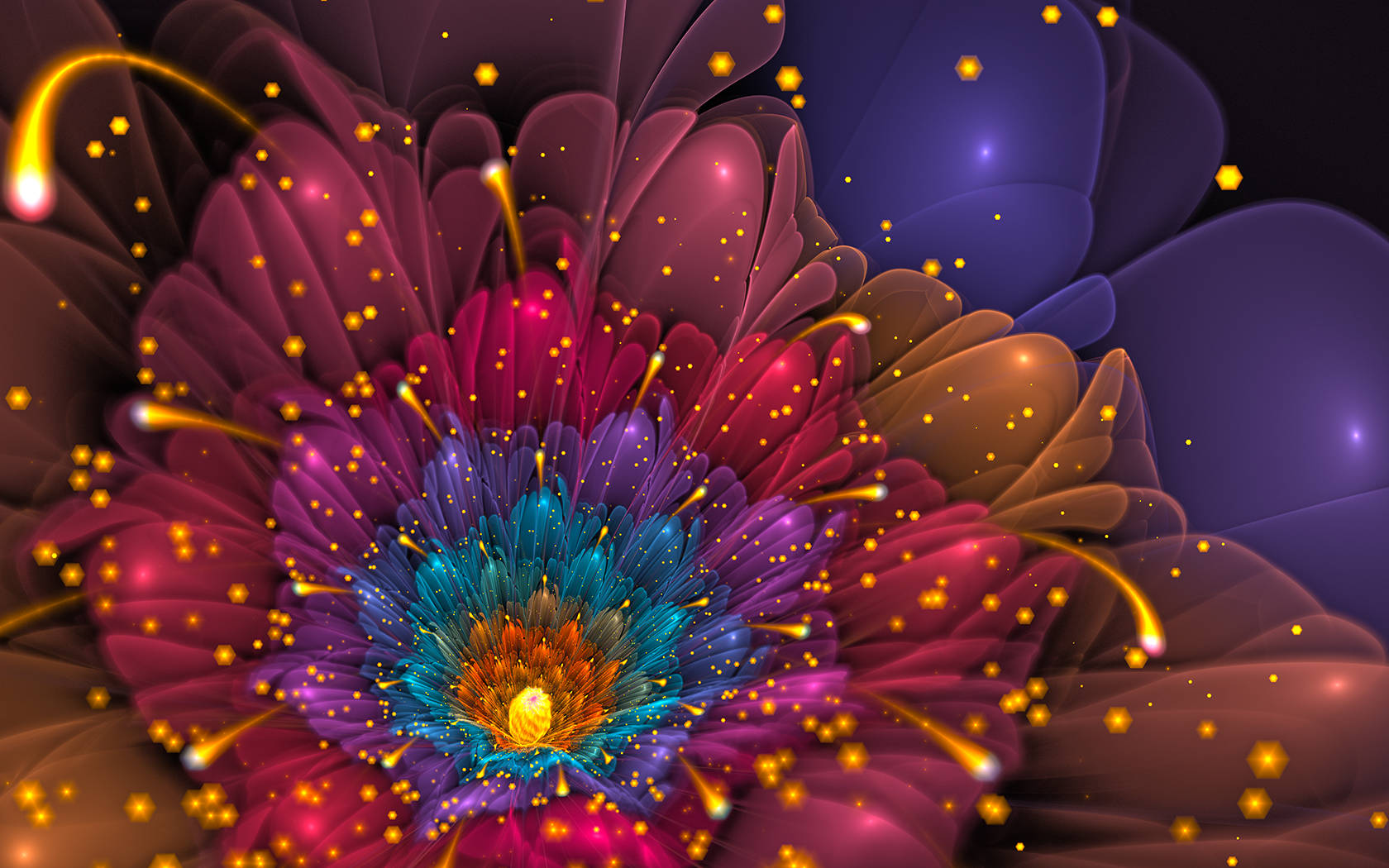 fractal flower, magenta petals, glowing blue center, HD Desktop Wallpaper